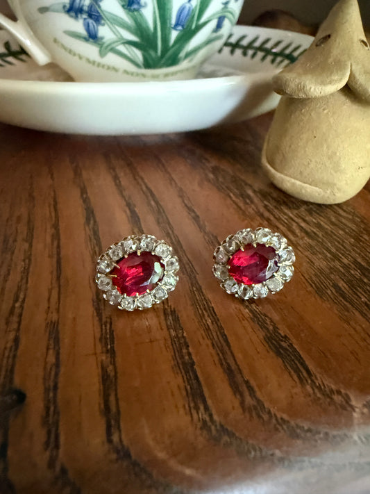 French Antique 18k Gold Red Paste Halo Rose Cut Diamond Earrings Victorian Faux Ruby Garnet Studs