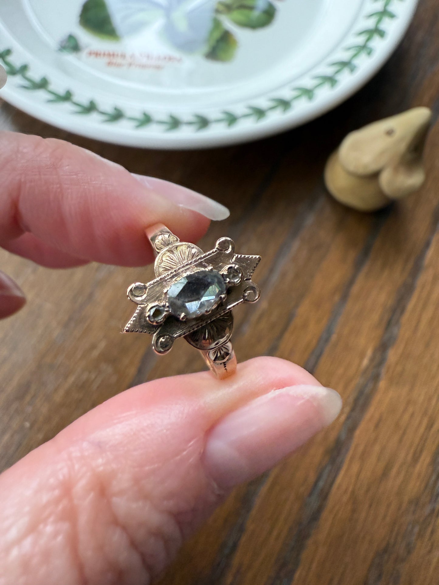 Georgian SHIELD Domed Oval Rose Cut Diamond Ornate Engraved Antique Ring 18k Gold Figural Stacker Gothic Medieval