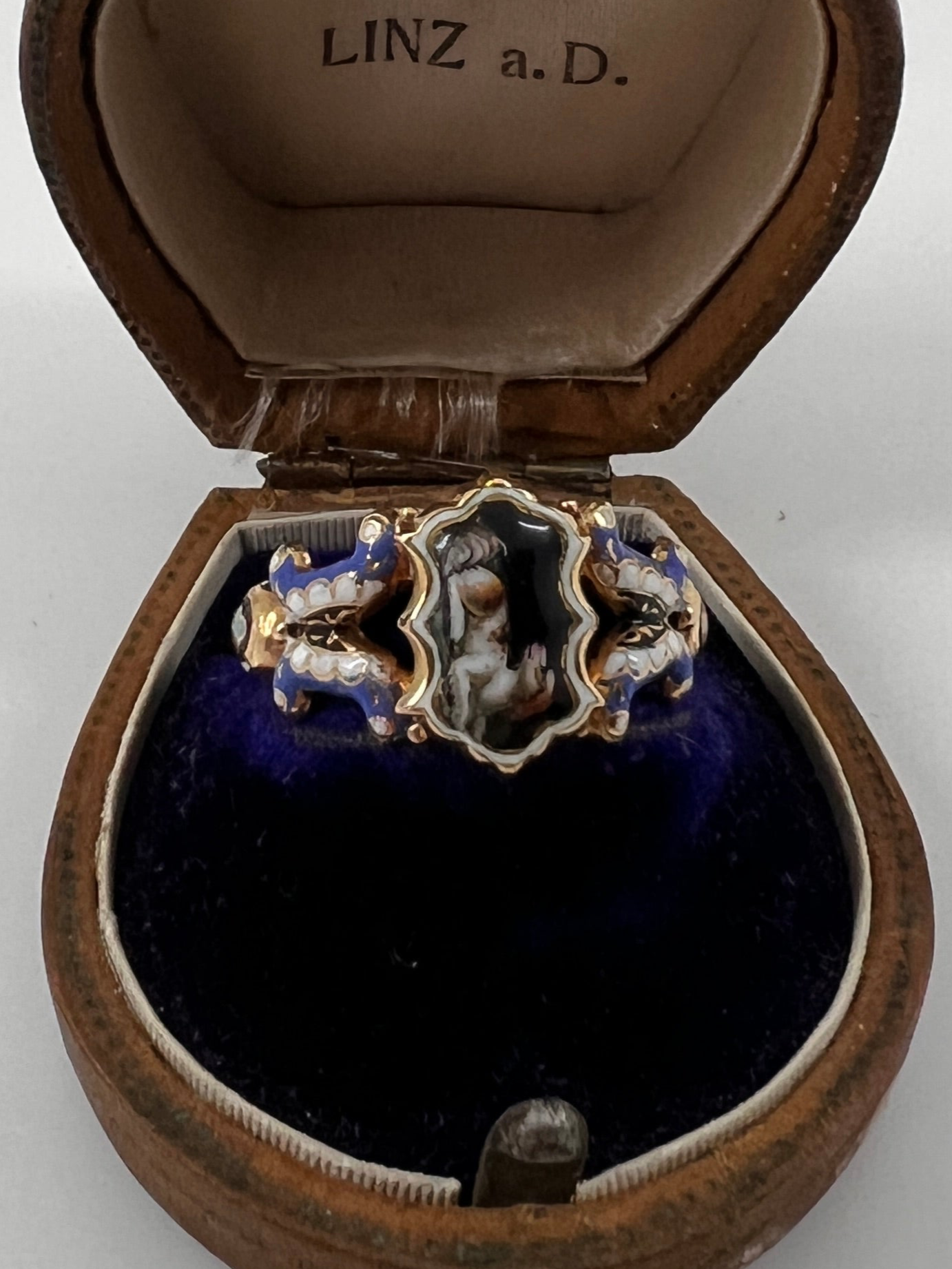 DOG Puppy Loyalty GEORGIAN Era LOCKET Poison Ring 18k Gold Enamel Figural Animal Jewelry Secret Compartment