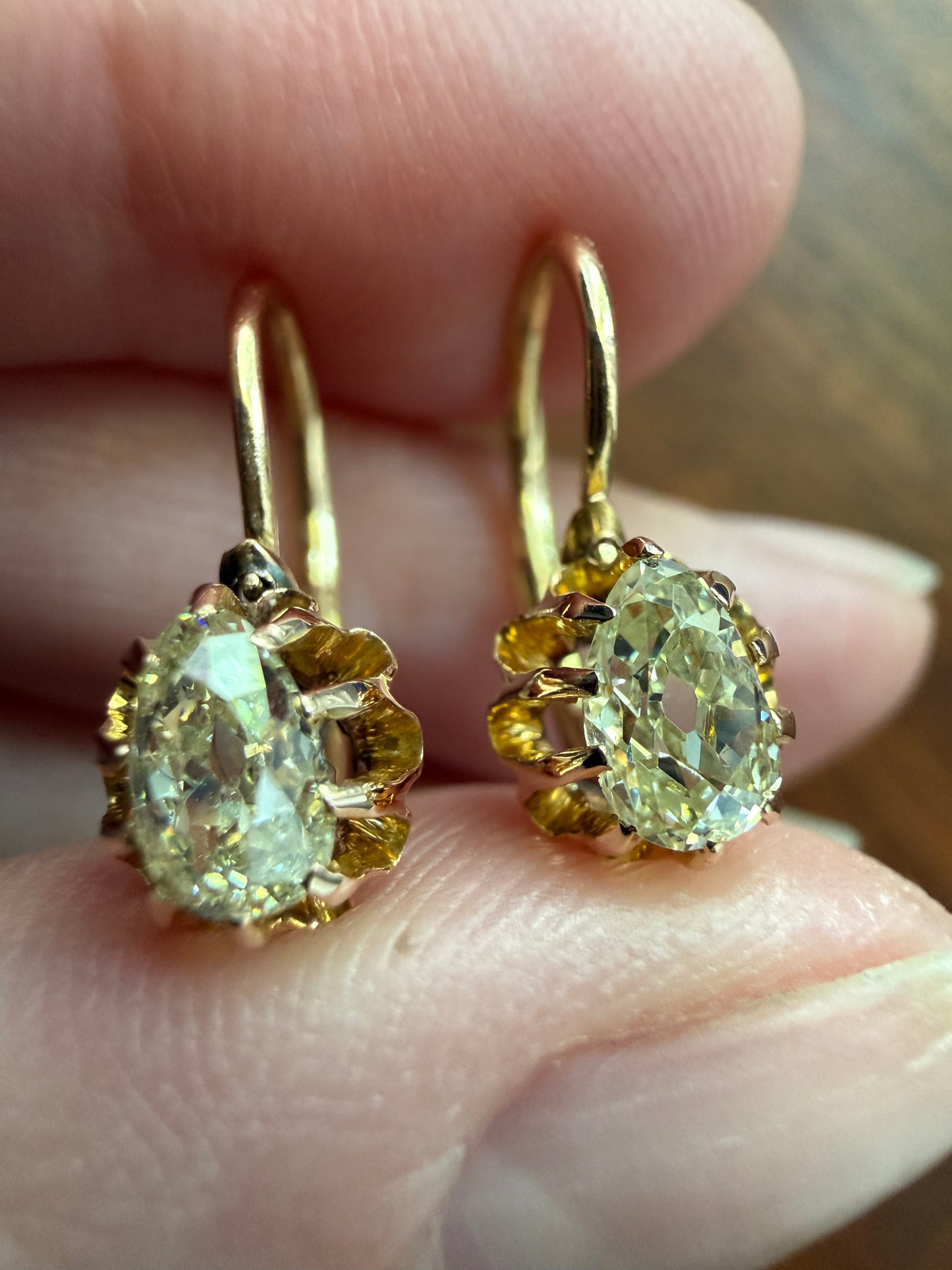 Rare PEAR Pale Yellow Old Mine Cut ANTIQUE One Carat Diamond Dormeuse Earrings 18k Gold Fixed Buttercup Setting Minimalist Sparkle Victorian