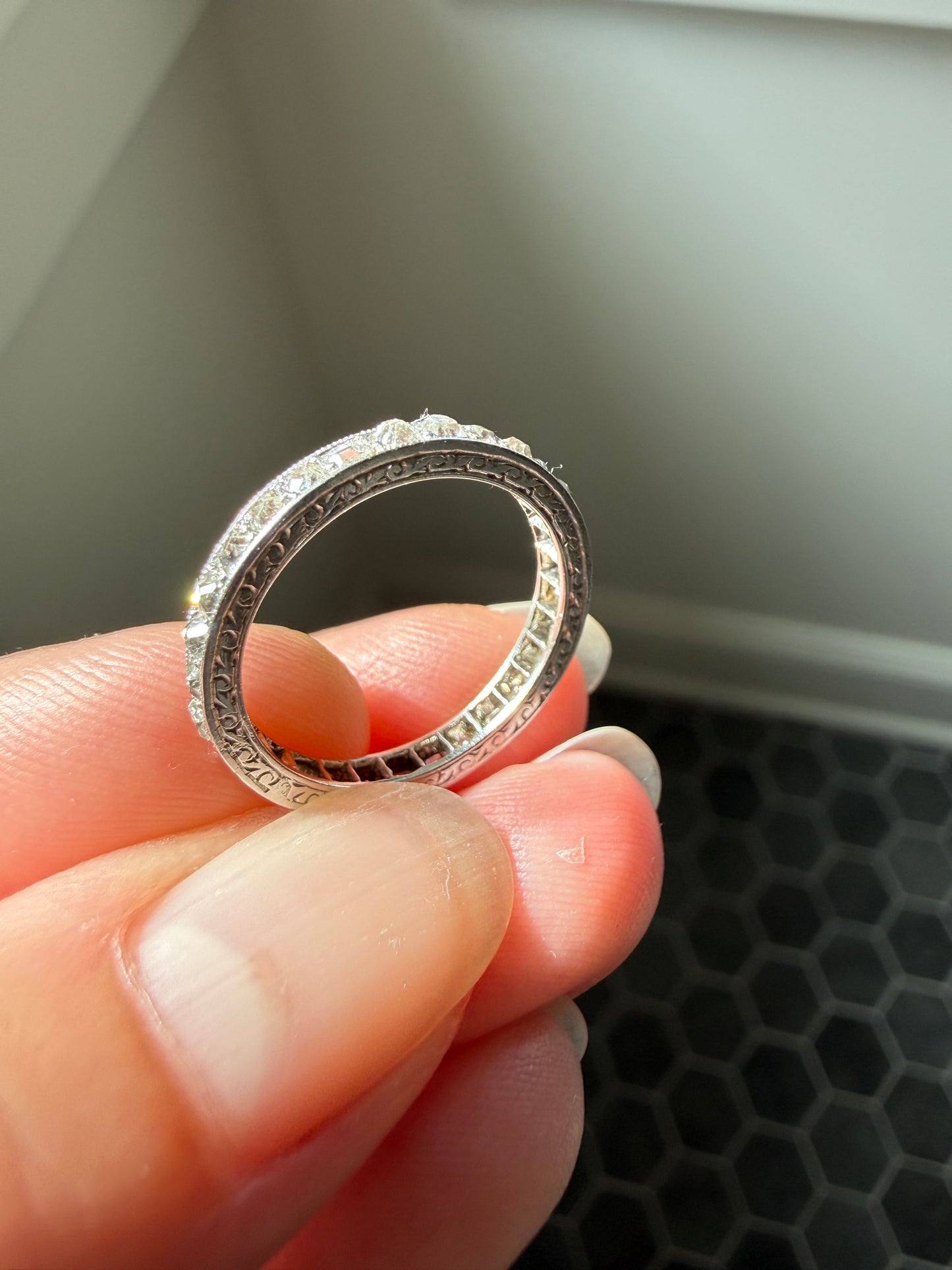 French Antique PLATINUM Chunky 1.5 Carat 29 Old Mine Cut Eternity Band Skinny Wedding Band Engraved Edwardian Stacker