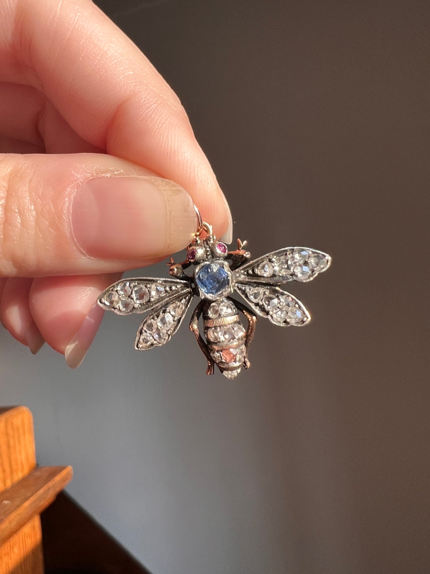 BUG Fly BEE French Antique Victorian Figural Pendant 1 Carat Rose Cut DIAMOND Ruby Sapphire 18k Gold Silver Figural