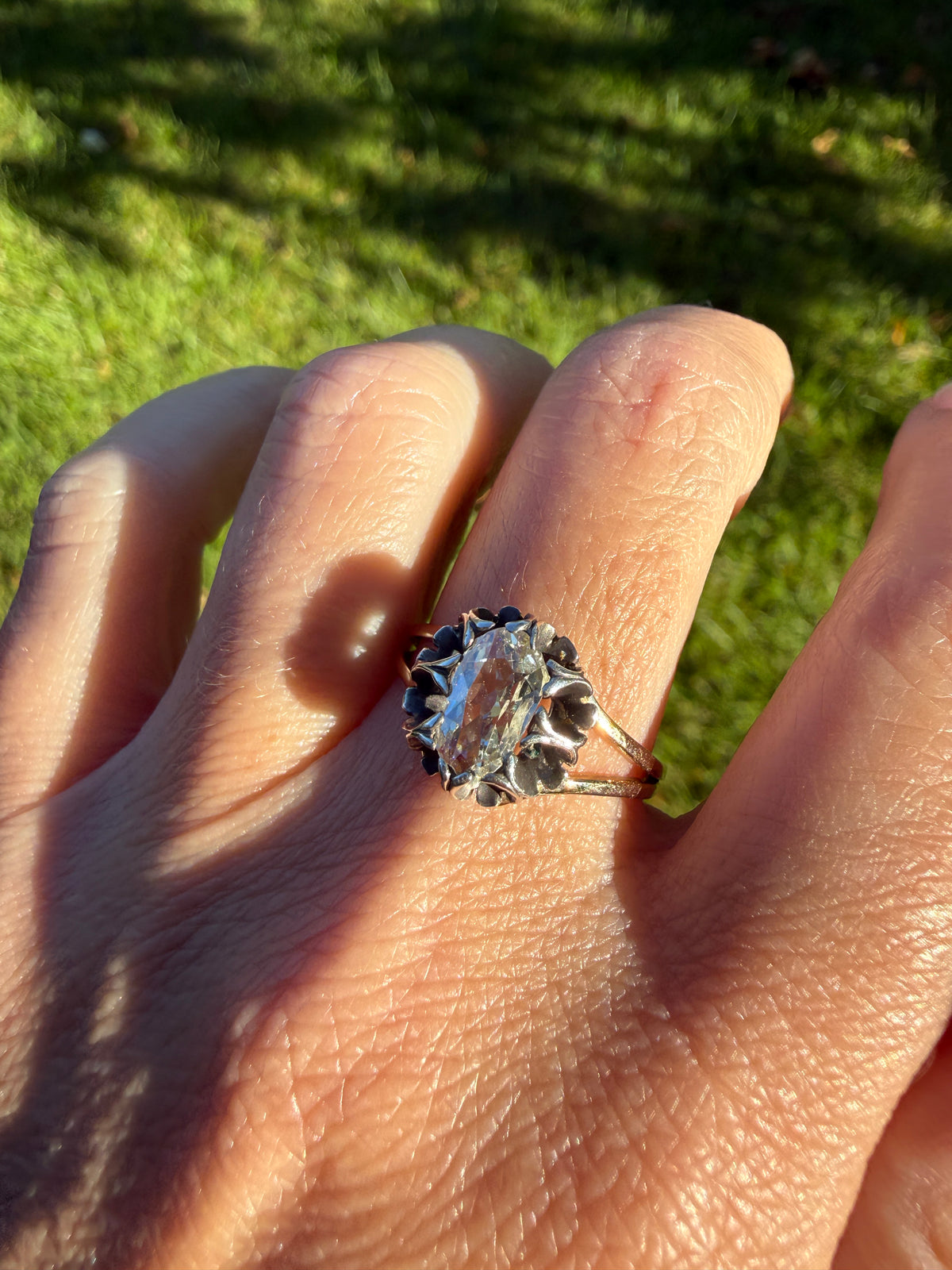 ANTIQUE Elongated Old Mine Cut Oval DIAMOND Silver Star Prong Basket Setting in 10k Gold Unique Buttercup Victorian .6 to 1.2 Ct.