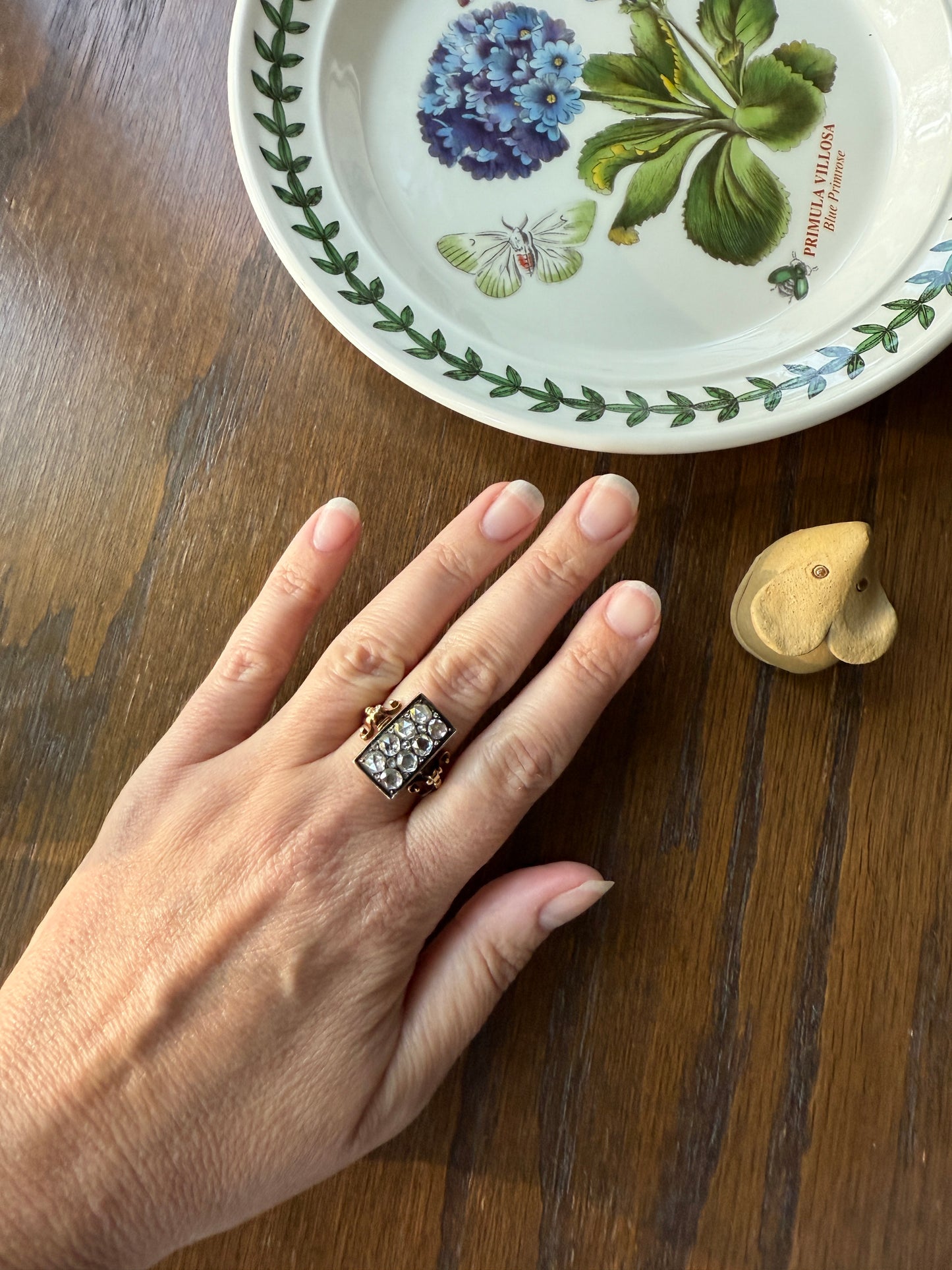 Georgian Era Antique 1 CARAT+ Rose Cut DIAMOND Disco Ball Grid Panel Lozenge Cluster Ring 18k Gold Silver Collets Stacker Gift Faces Up 2Ctw
