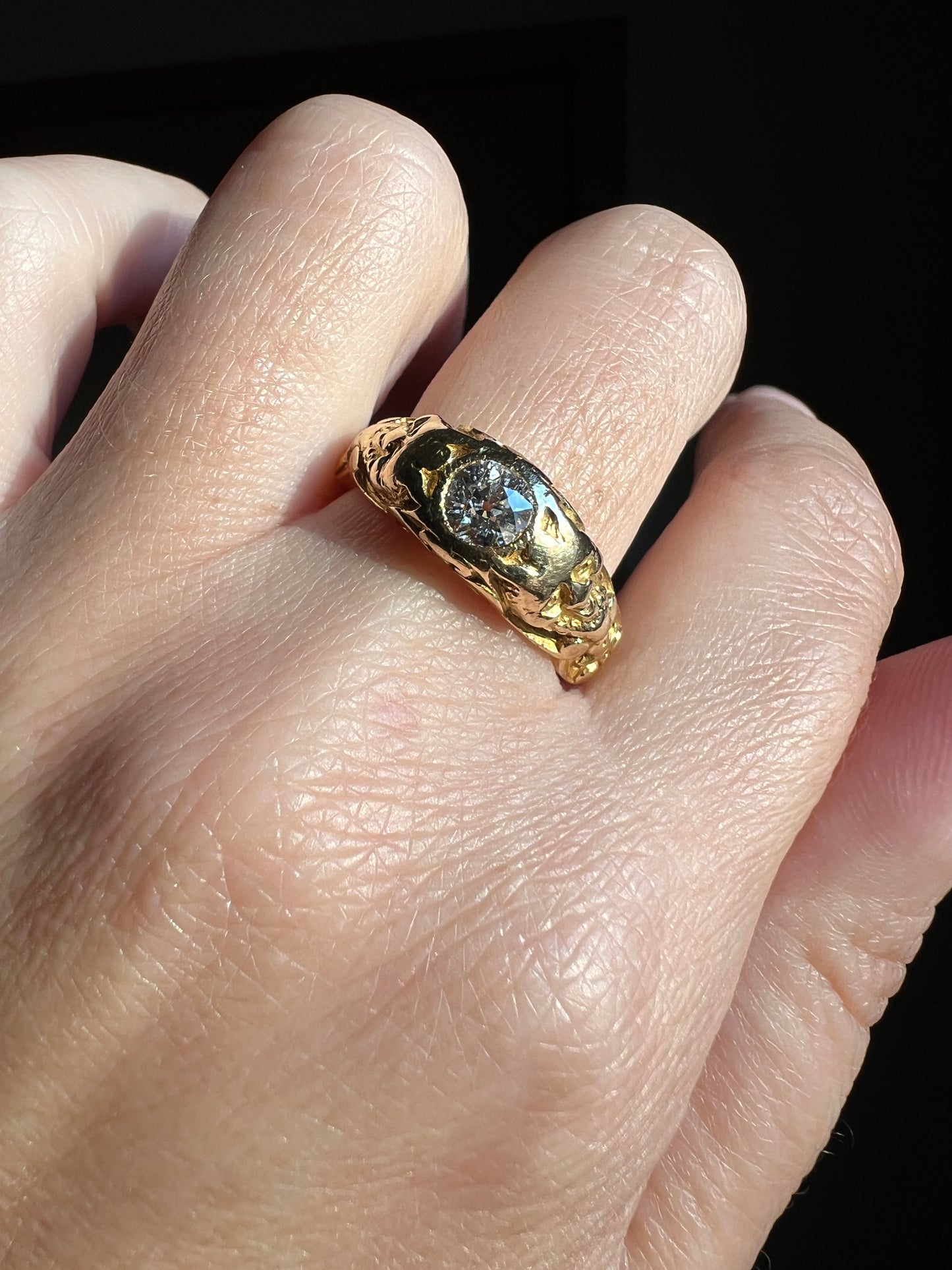 Handsome DEVIL Antique Old Mine Cut DIAMOND Ring 8g 18k Gold FACES Chunky Ring French Art Nouveau Figural 3D