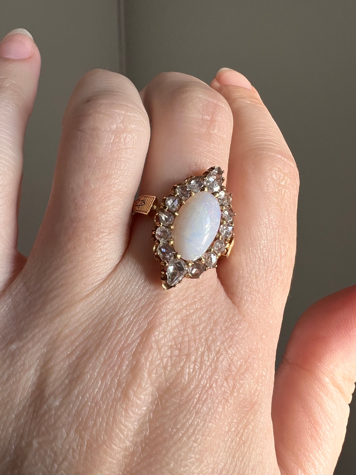 PEAR 1 Carat Rose Cut Diamond Halo Large OPAL French Antique Belle Epoque Ring 18k Gold Gift Belle Epoque