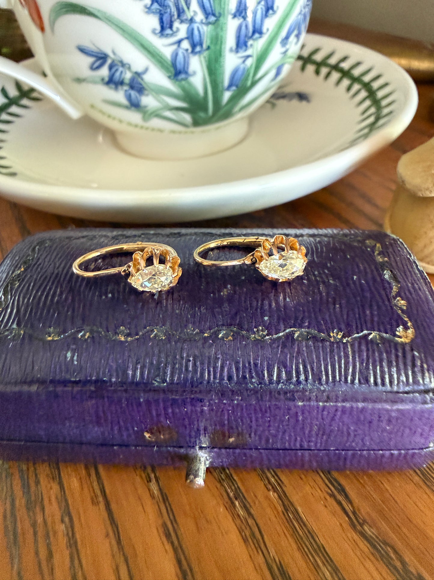 Rare PEAR Pale Yellow Old Mine Cut ANTIQUE One Carat Diamond Dormeuse Earrings 18k Gold Fixed Buttercup Setting Minimalist Sparkle Victorian