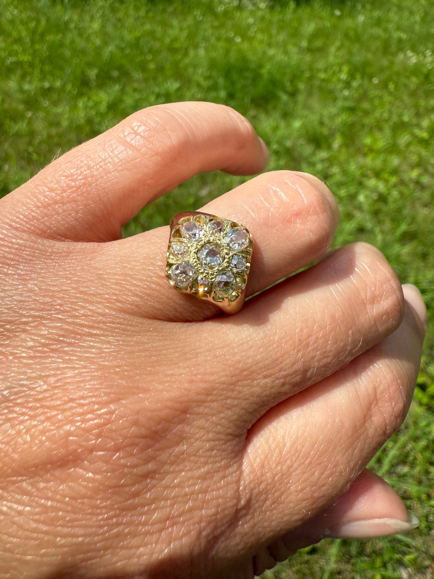 CHUNKY 1.2 Carat Old Mine Cut DIAMOND Cluster Ring 15k Gold Delicious Pale Yellow Nine Stone Cruciform Halo Belcher Buttercup 1.2Ctw OMC