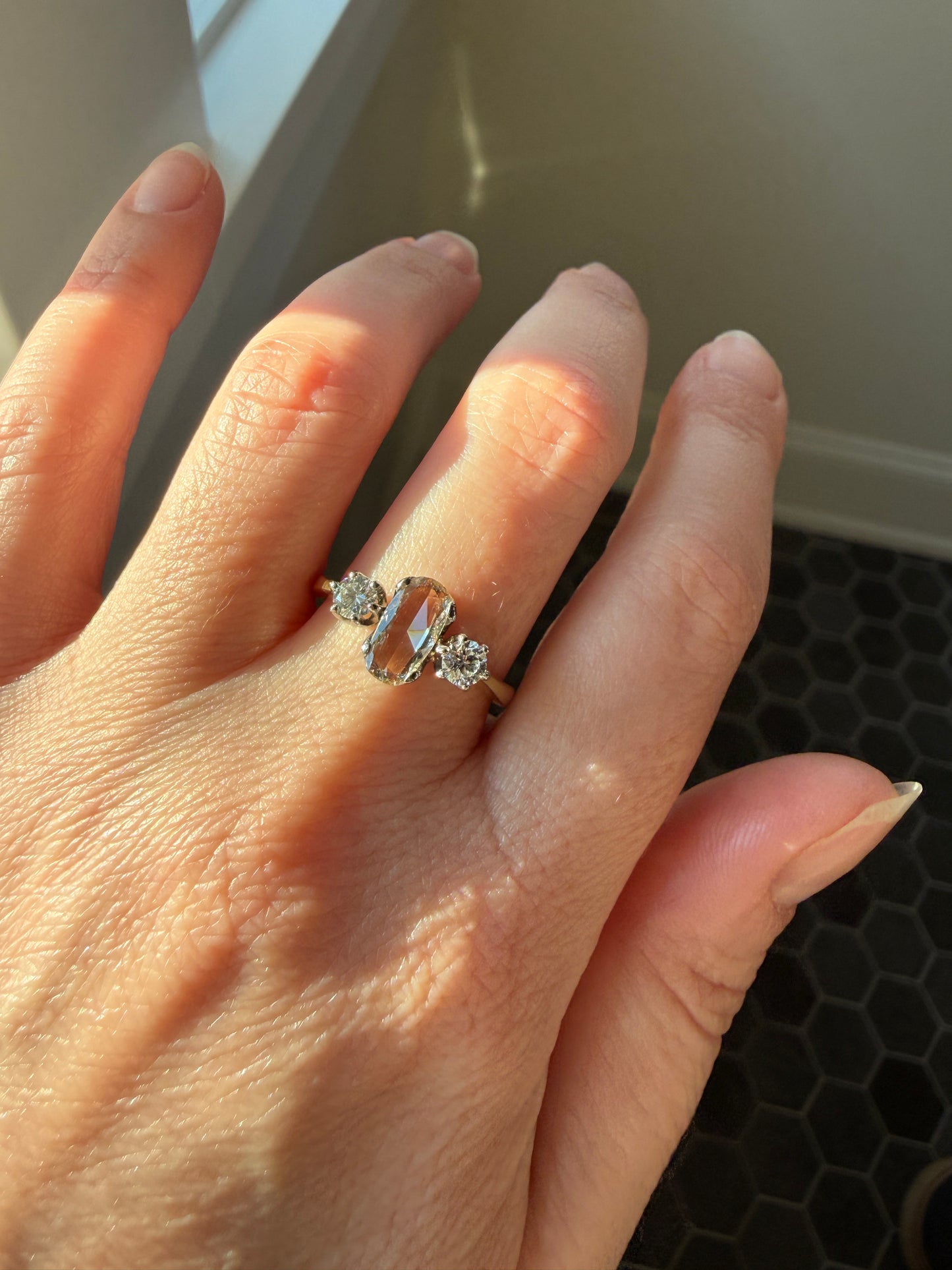 Unique Vintage Elongated Natural VS1 Portrait Rose Cut Three Stone DIAMOND Ring 18k Gold Solid Cushion Oval Stacker Band