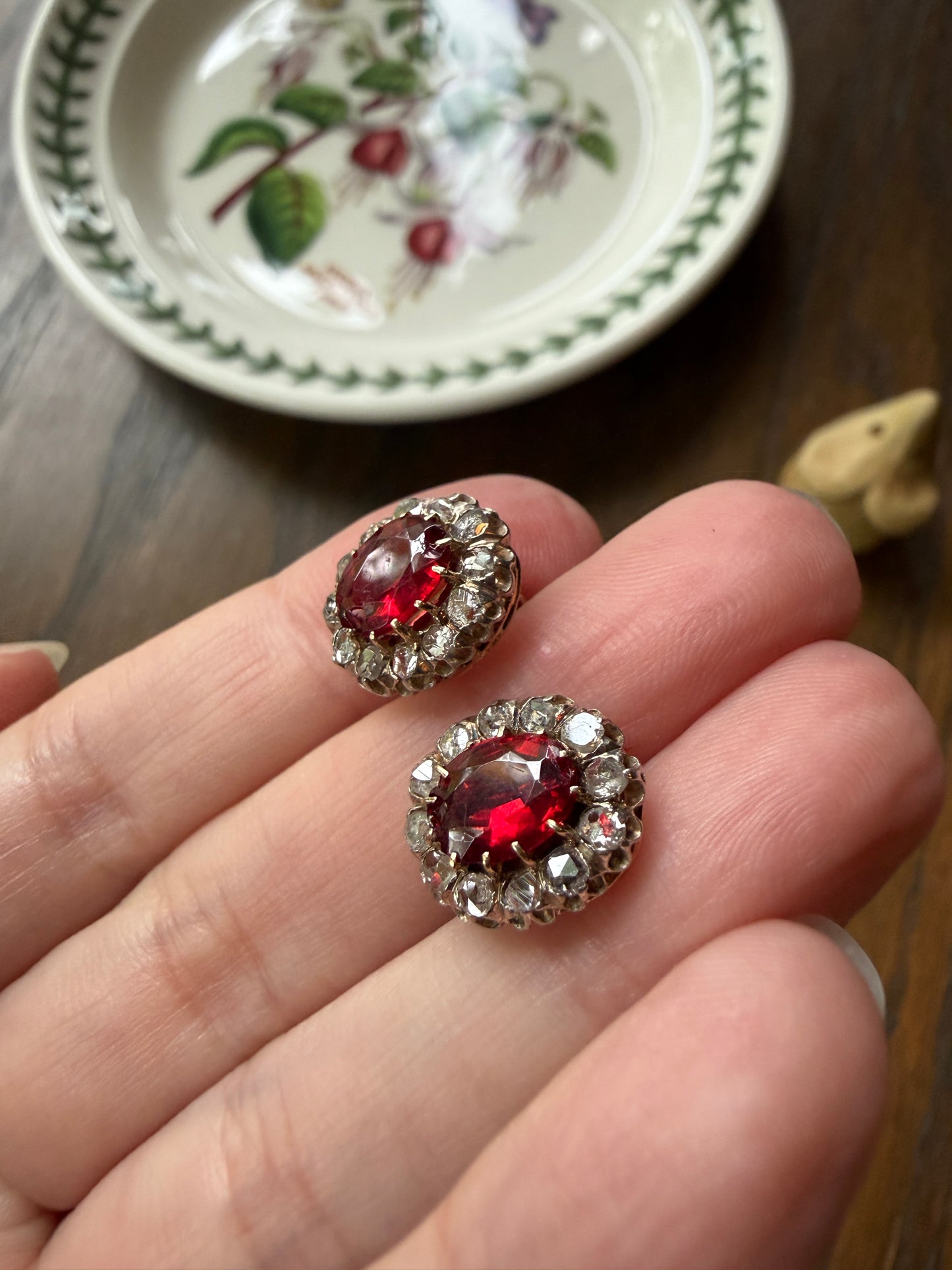 French Antique 18k Gold Red Paste Halo Rose Cut Diamond Earrings Victorian Faux Ruby Garnet Studs