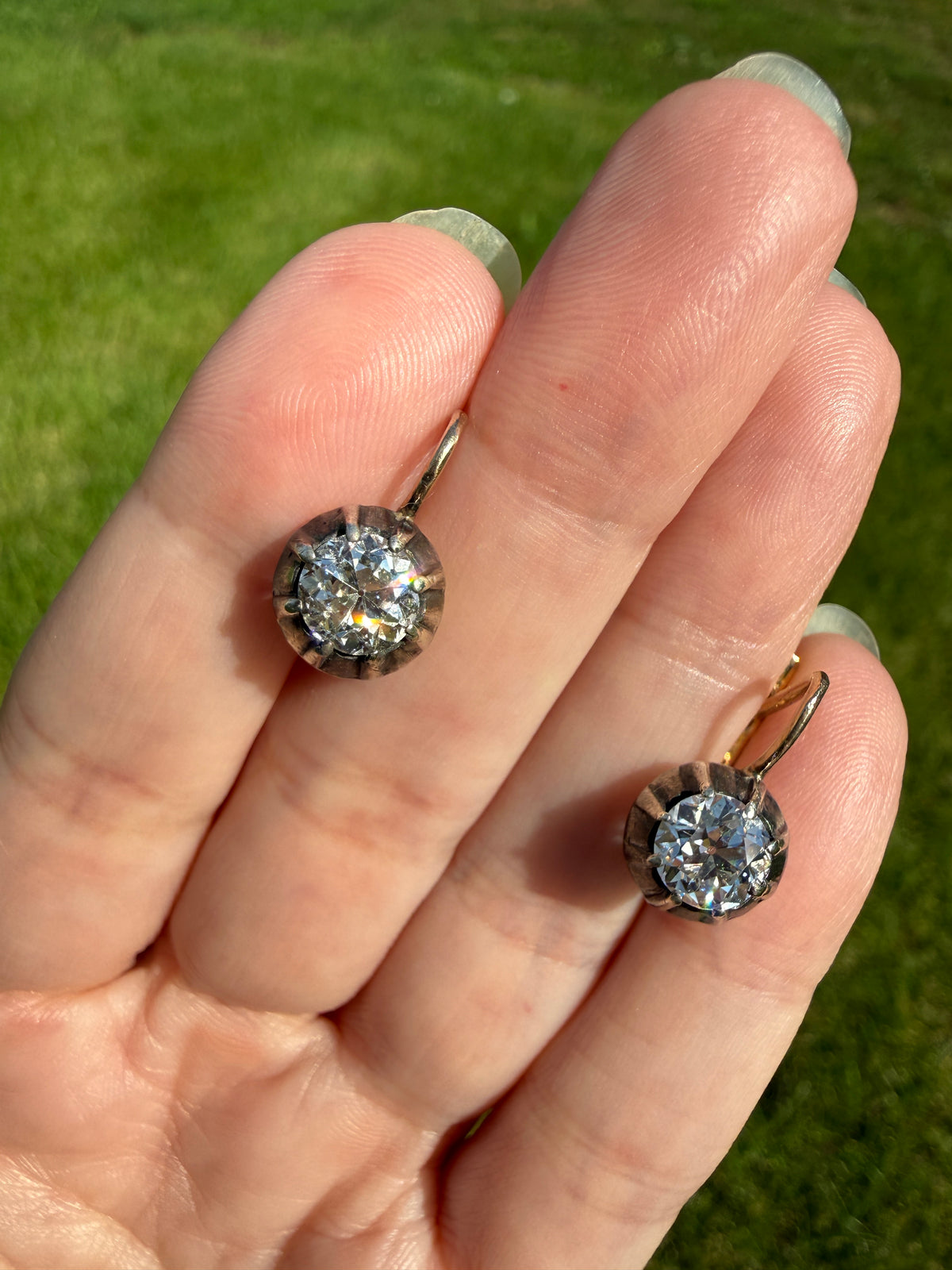Original Antique Two Carats Tdw Natural Old Mine Cut Diamond Earrings 14k Gold Silver Collets Victorian Dangle Dormeuse Gift 2Ctw