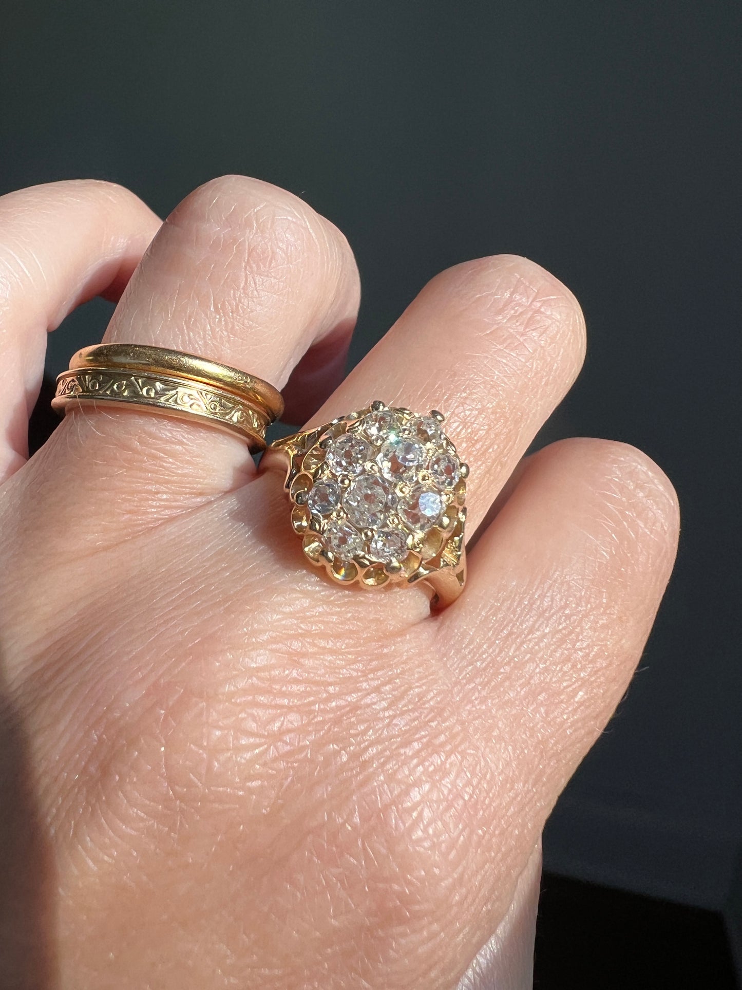 Antique 1.2 Carat OVAL Old Mine Cut DIAMOND Cluster Ring Stamped Prongs! 14k Gold VICTORIAN