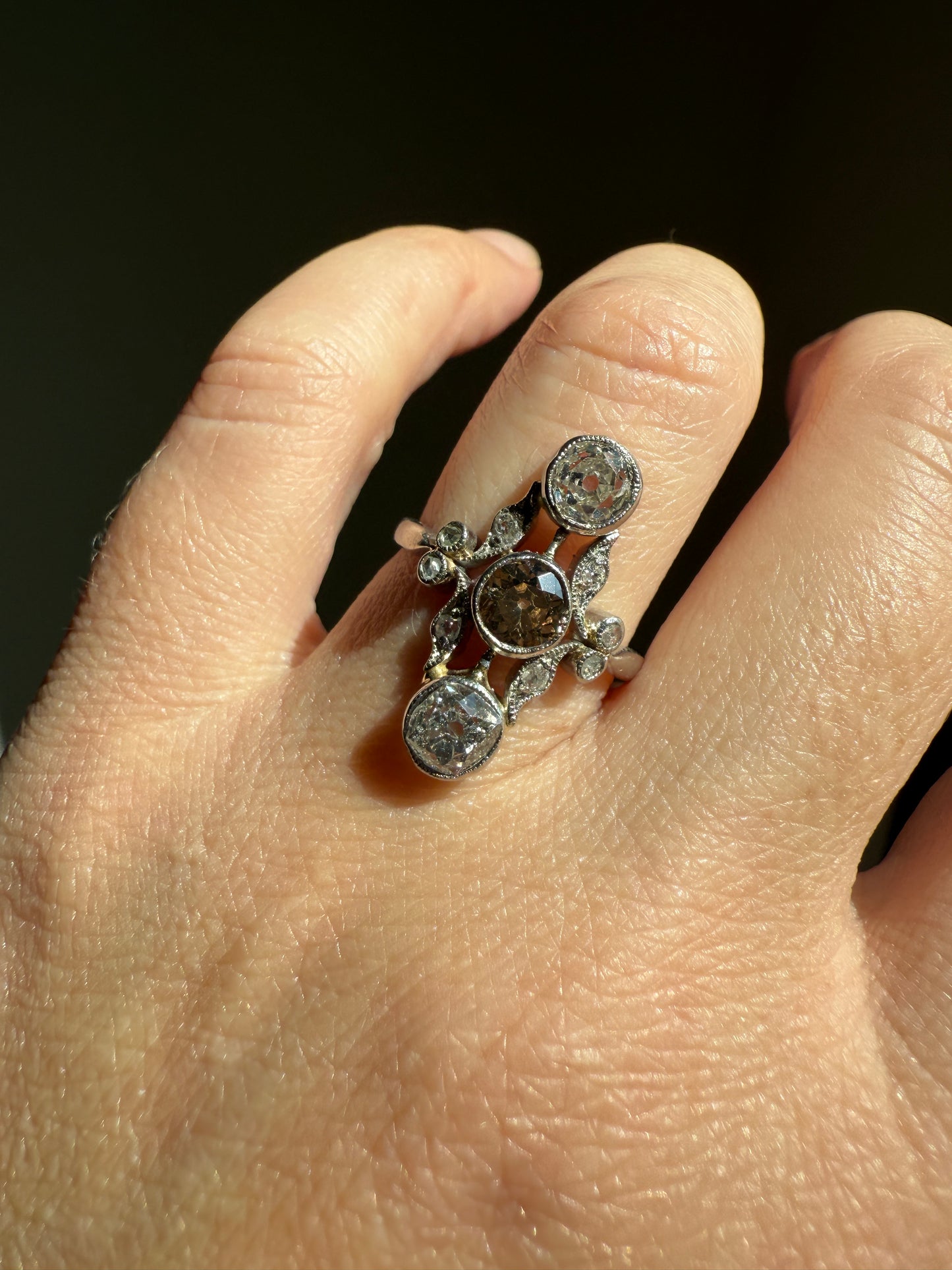 ORNATE Belle Epoque Antique 1.6 Carat Tdw Champagne Fancy Light Brown & White Three Stone Old Mine Cut Diamond Platinum Navette Ring Oval Victorian French