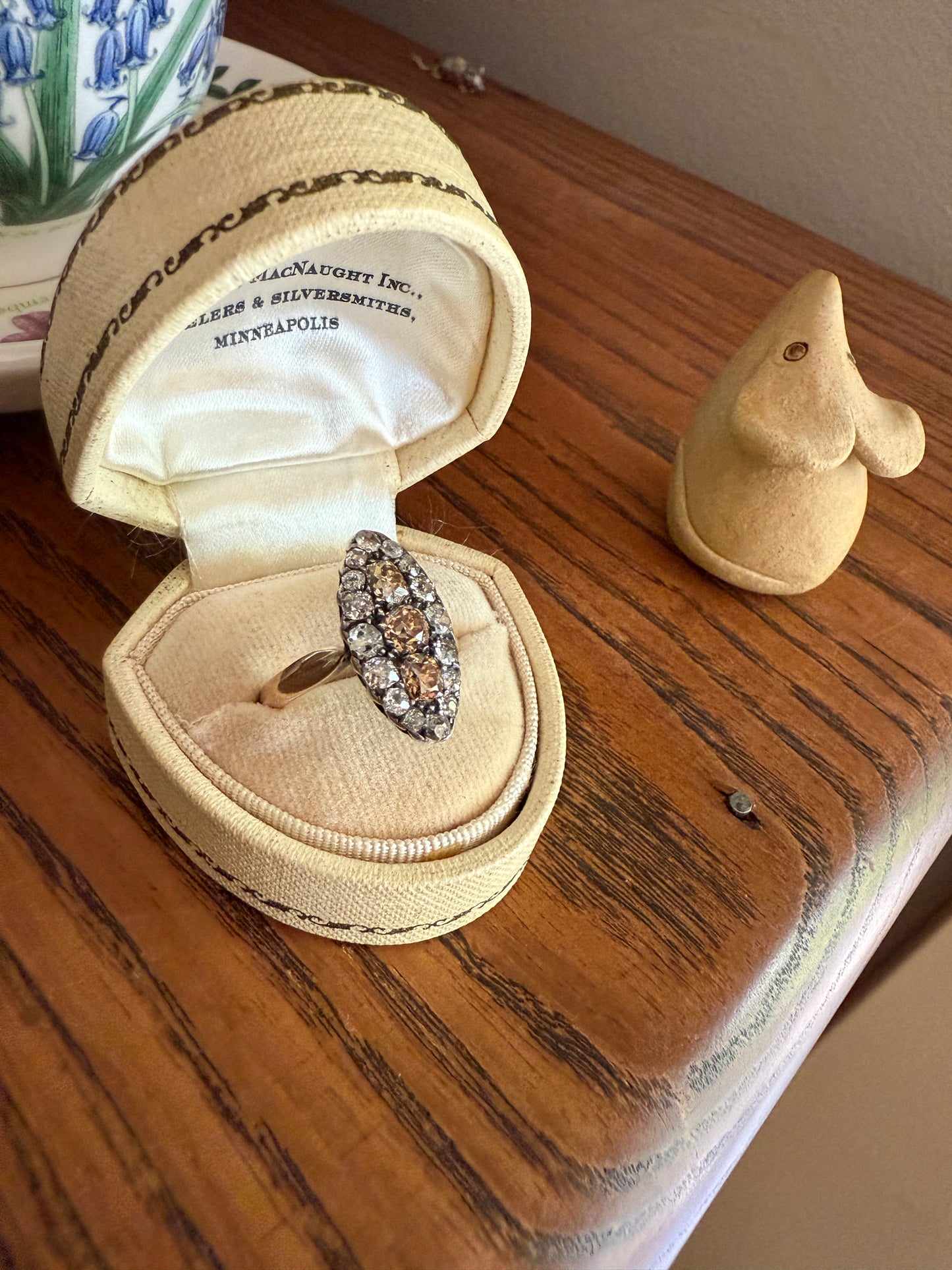 Uncommon 2.25 Carat Fancy Brown & White Halo Old Mine Cut Diamond Navette Ring Oval Victorian Antique 18k Gold Silver