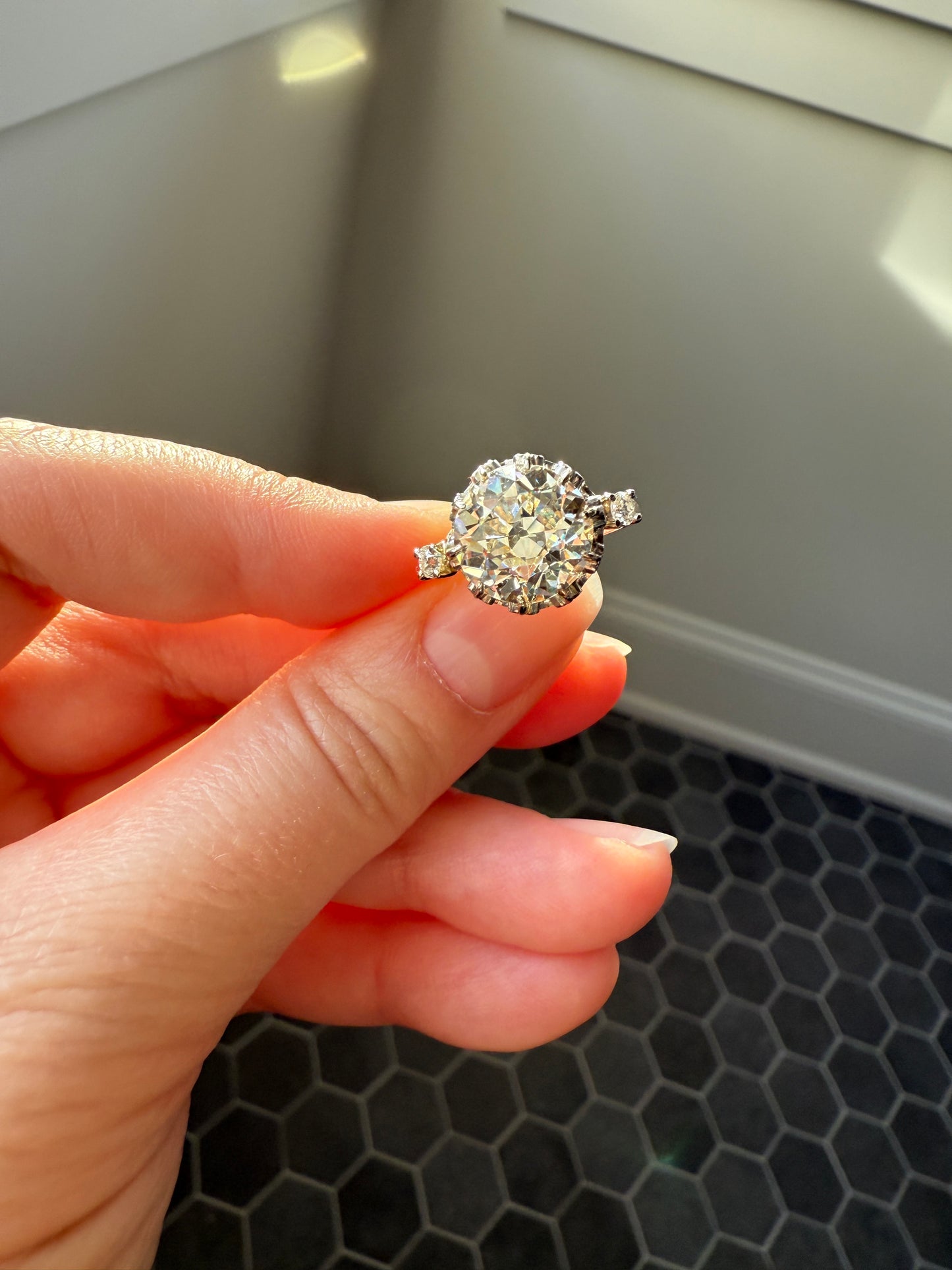 Special French Original Antique 4.07 CARAT Natural Old European Cut DIAMOND Eye Clean Solitaire Engagement Ring 18k Rosy Gold Platinum