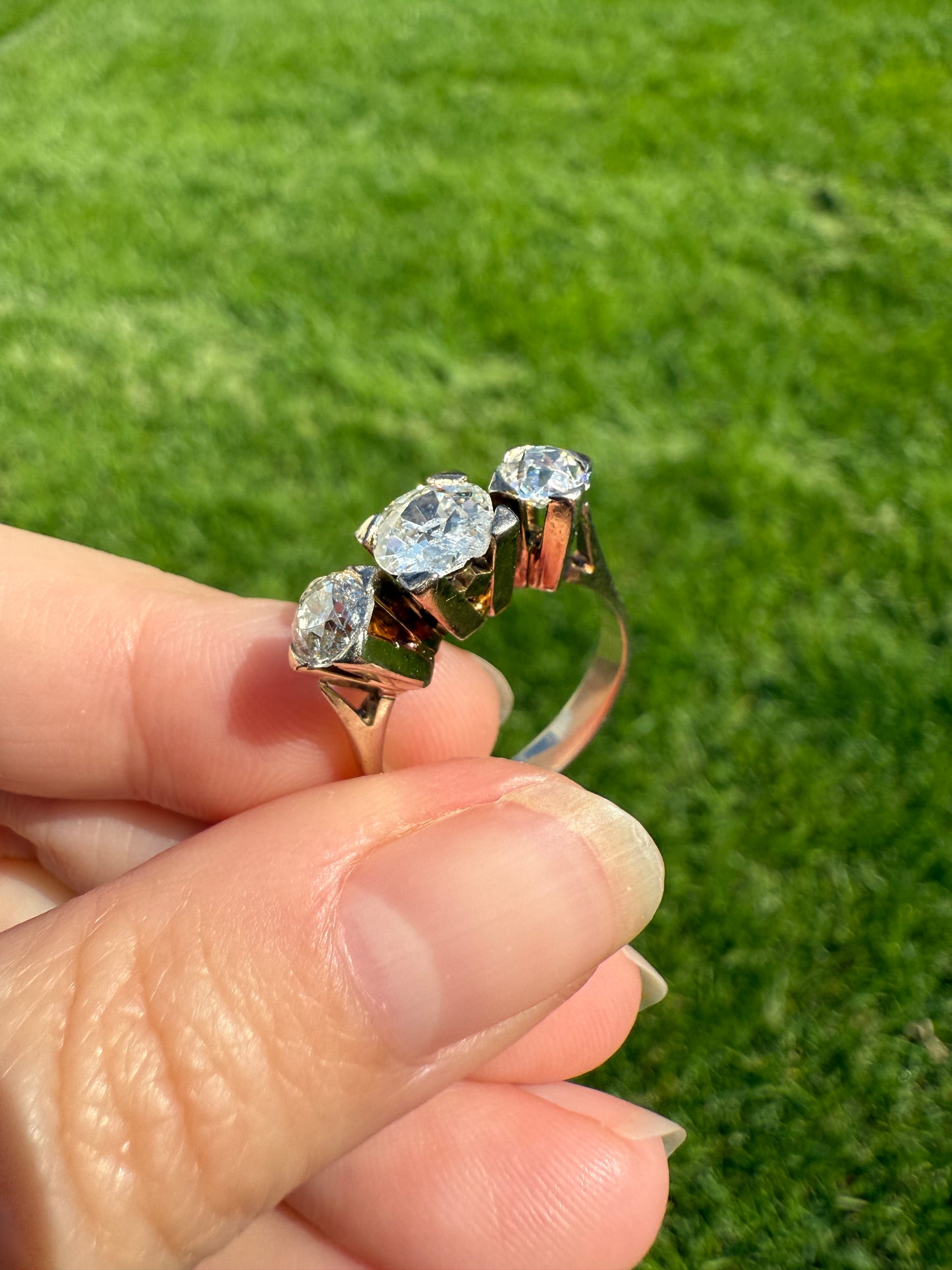 TALL Antique 2 CARATS Three Stone Chunky Old Mine Cut Diamond Ring 18k White Gold Art Deco