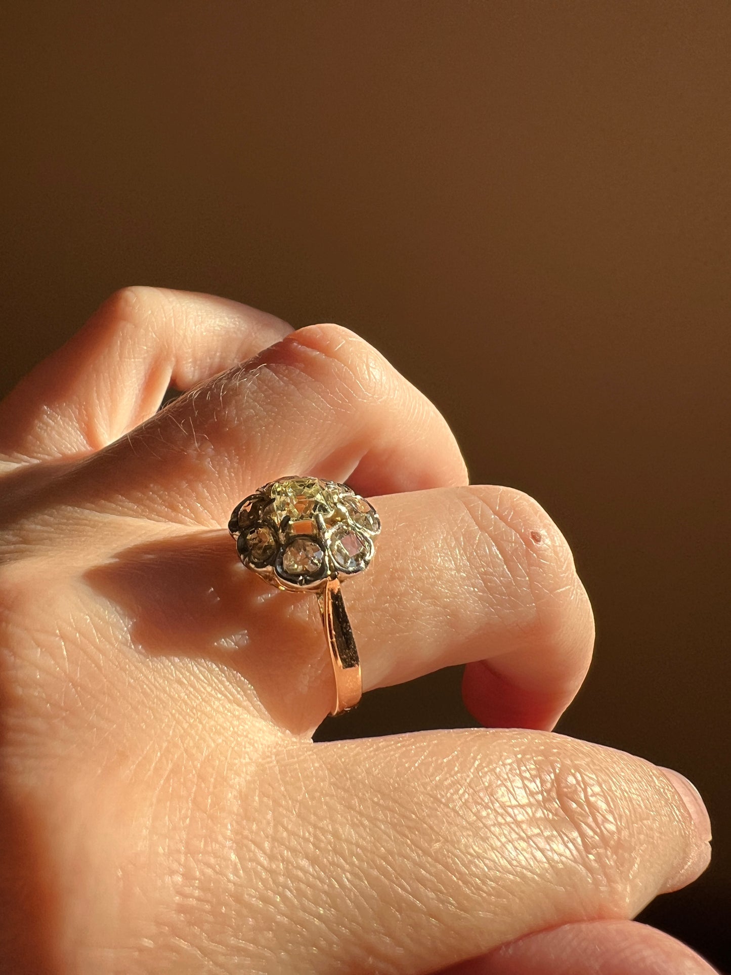 Antique Pale Yellow Center 1.75 Carat Rose Table Old Mine Cut DIAMOND Halo Cluster Ring 18k Gold