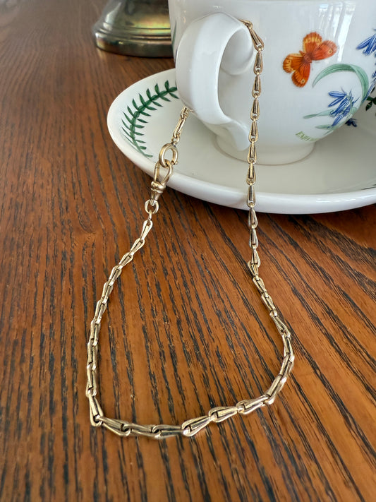 Antique Gold Filled Watch Chain Hayseed Link Dog Clip and Spring Ring Connector Necklace Choker Extender 12 7/8" 8.7g