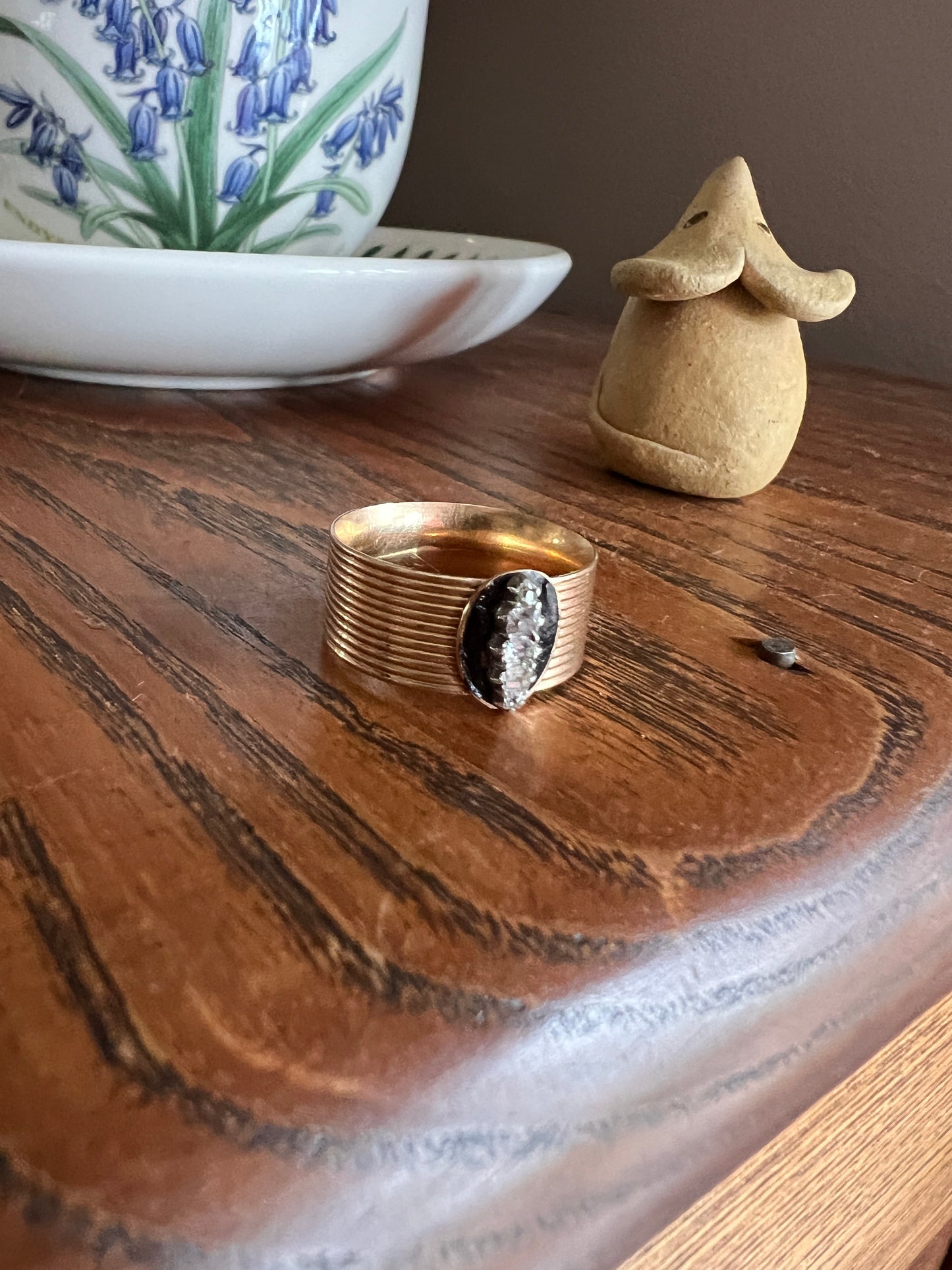 GEORGIAN Antique Wide Cigar Band Peruzzi Old Mine Table Cut DIAMOND Black Enamel 18k Gold Comfort Fit Five Stone French Ring