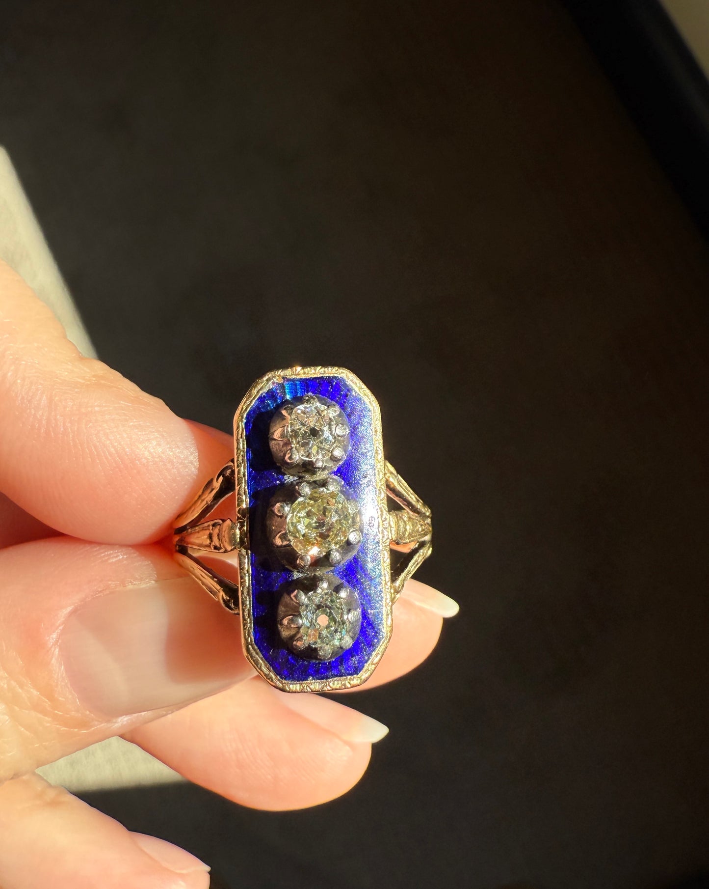 French Antique Georgian Bague Au Firmament .8 Carat Old Mine Cut Diamond Blue Enamel 18k Gold Ring of Heaven STAR Victorian