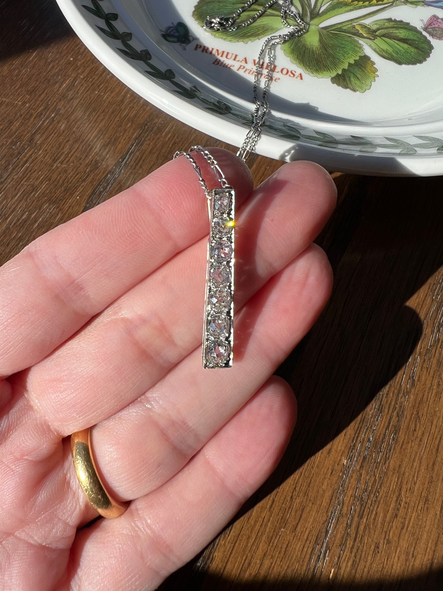 French Antique 1.4 Carat Old Mine Cut DIAMOND Line Dangle Seven Stone PENDANT Geometric 18k White Gold Chain