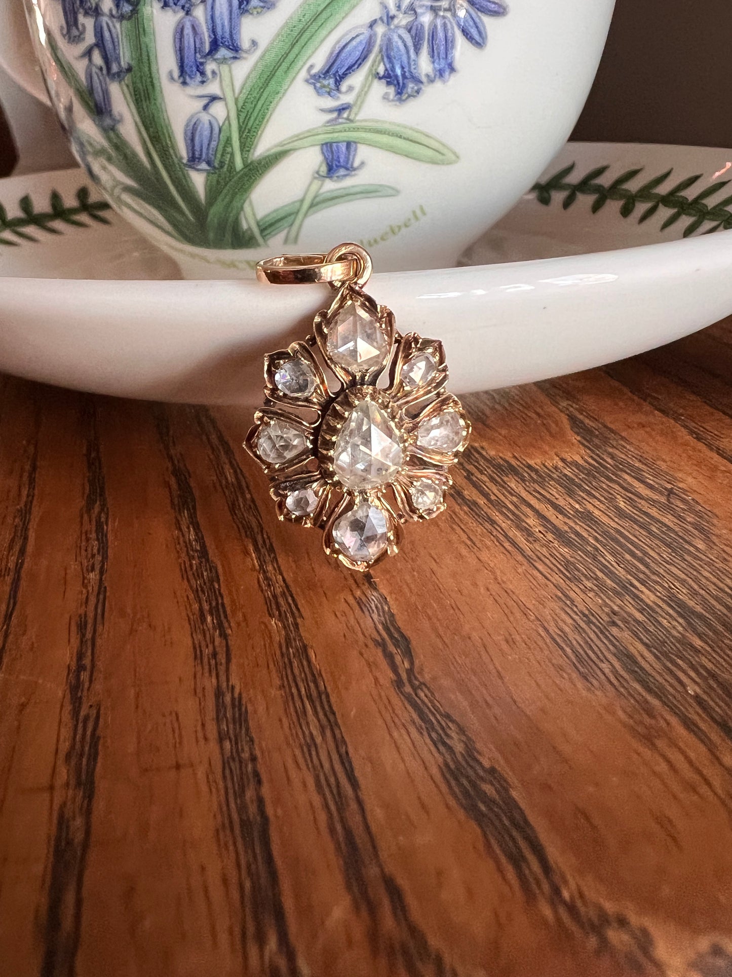 Large Antique FLORAL 2.4 Carats Rose Cut DIAMOND Cluster PENDANT French 18k Gold Victorian Gift Domed Pear