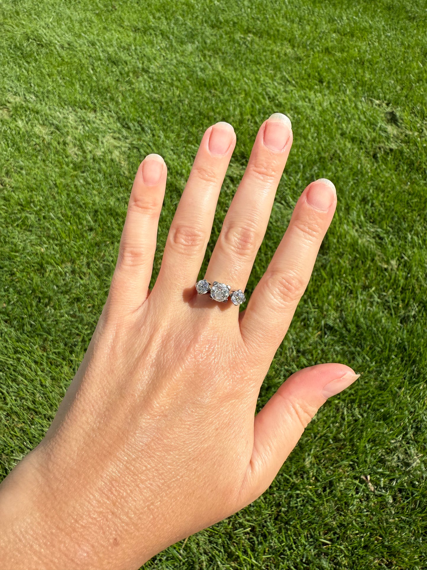 TALL Antique 2 CARATS Three Stone Chunky Old Mine Cut Diamond Ring 18k White Gold Art Deco
