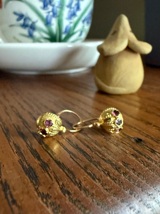 Domed Dormeuse Dangle Earrings French Vintage Art Deco Garnet Gold Fill Geometric