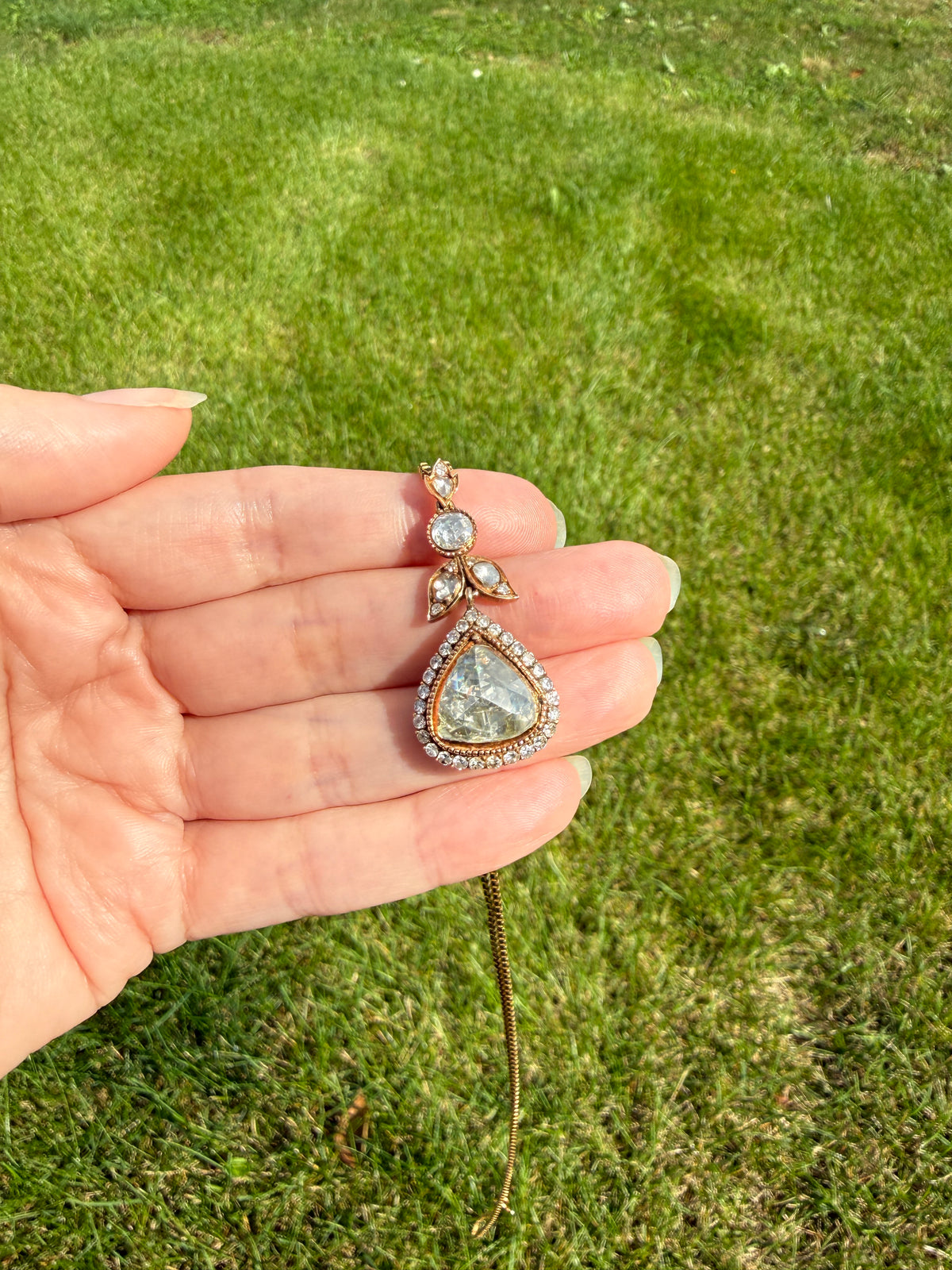 PEAR Triangular Antique XL Natural 3.5 Carats Old Dutch Rose Cut DIAMOND Pendant 14k Gold 5.4 Carats Face Up Retro Vintage 18k Venetian Chain
