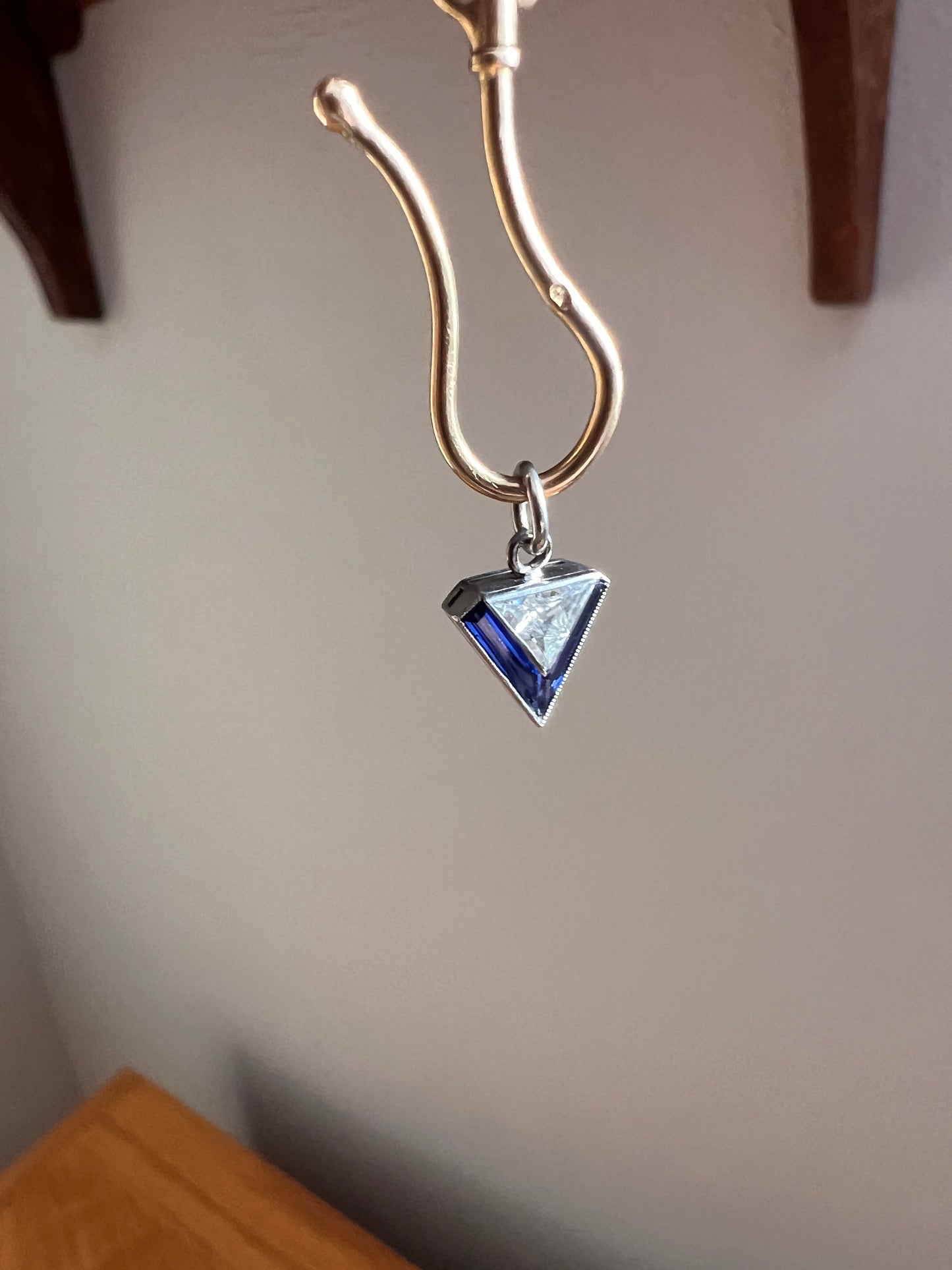 TRIANGLE Shield Antique RARE Lozenge Old Cut DIAMOND 18k White Gold Eye Clean Pendant Art Deco Blue Sapphire Halo One of Kind Gift Charm