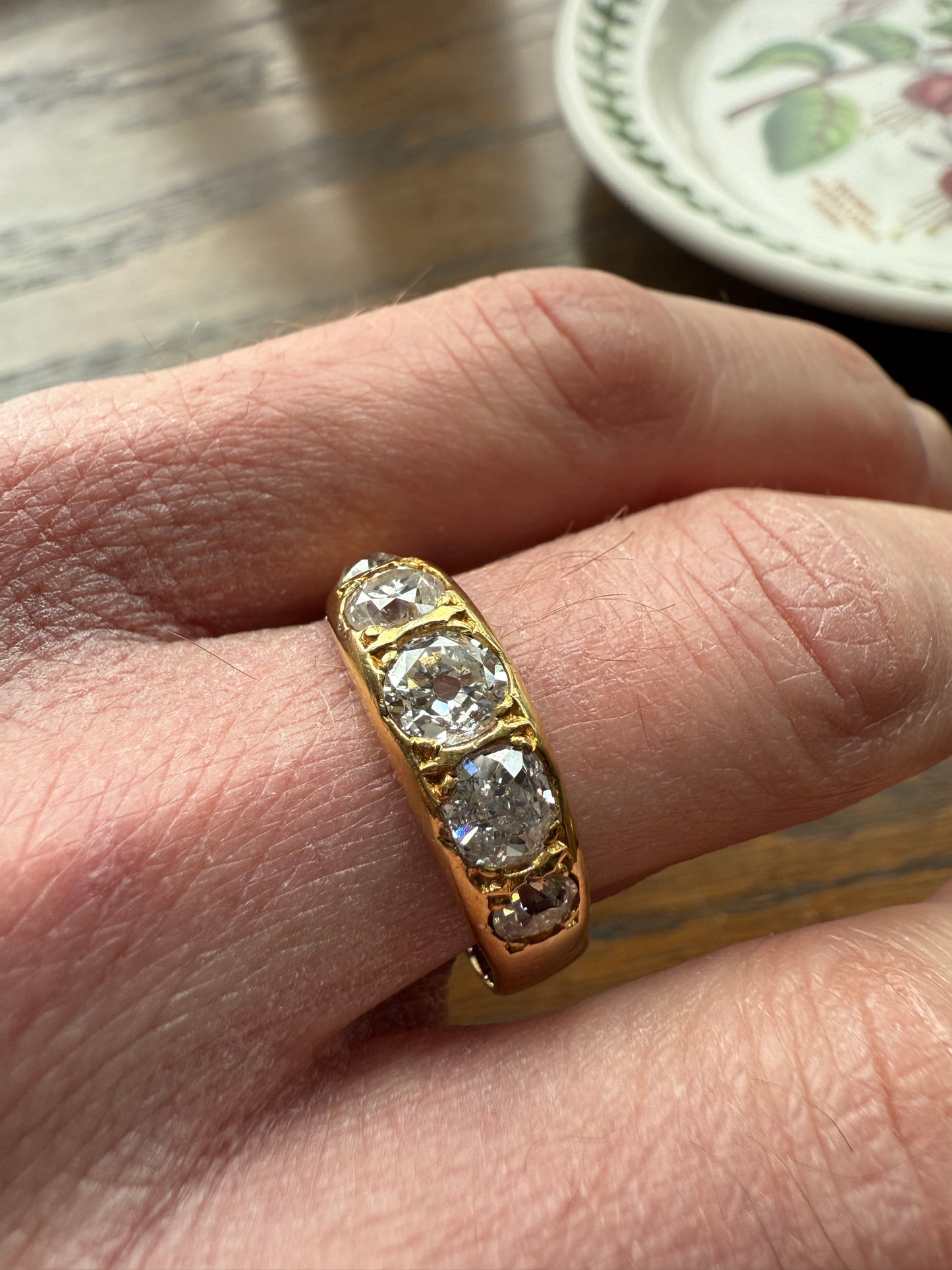XL 2.5 Carats FIVE Stone Old Mine Cut DIAMOND Gypsy Ring Wide Band 18k Gold Solid Chunky Antique Edwardian Victorian Stacker OmC Man Unisex