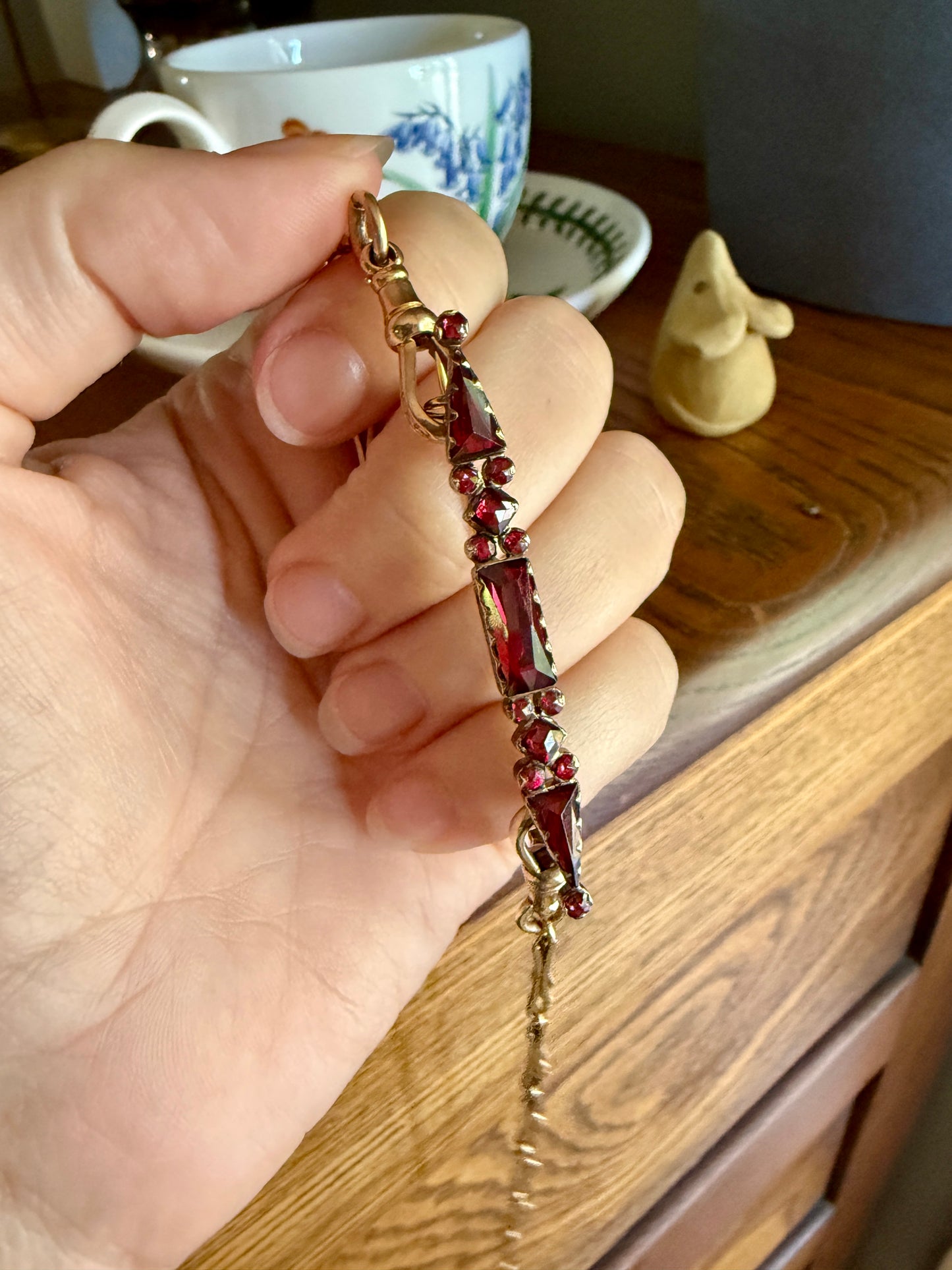 PERPIGNAN Garnet Purple Pink Bar Line Brooch for Pendant Conversion French Antique Victorian 18k Gold Extender Connector Triangle Cut