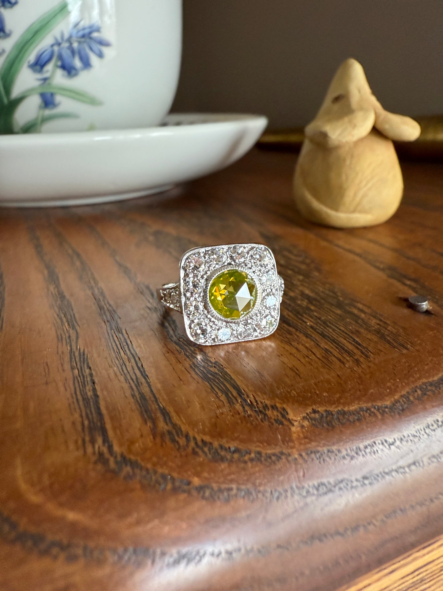 Vintage .8 Carat Fancy Greenish Yellow Natural ROSE CUT Diamond 1.8 Ctw Transitional Cut Boxed Cobblestone Panel Ring Platinum Lemon Lime