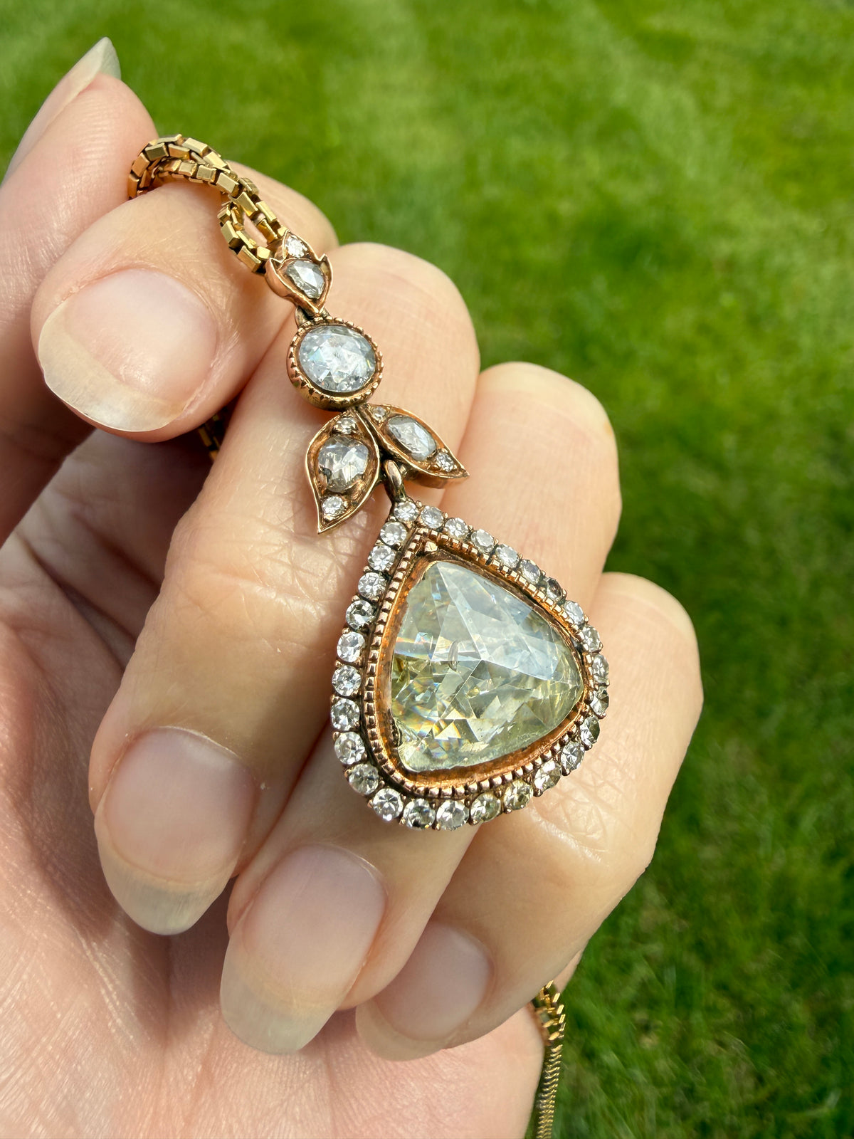 PEAR Triangular Antique XL Natural 3.5 Carats Old Dutch Rose Cut DIAMOND Pendant 14k Gold 5.4 Carats Face Up Retro Vintage 18k Venetian Chain