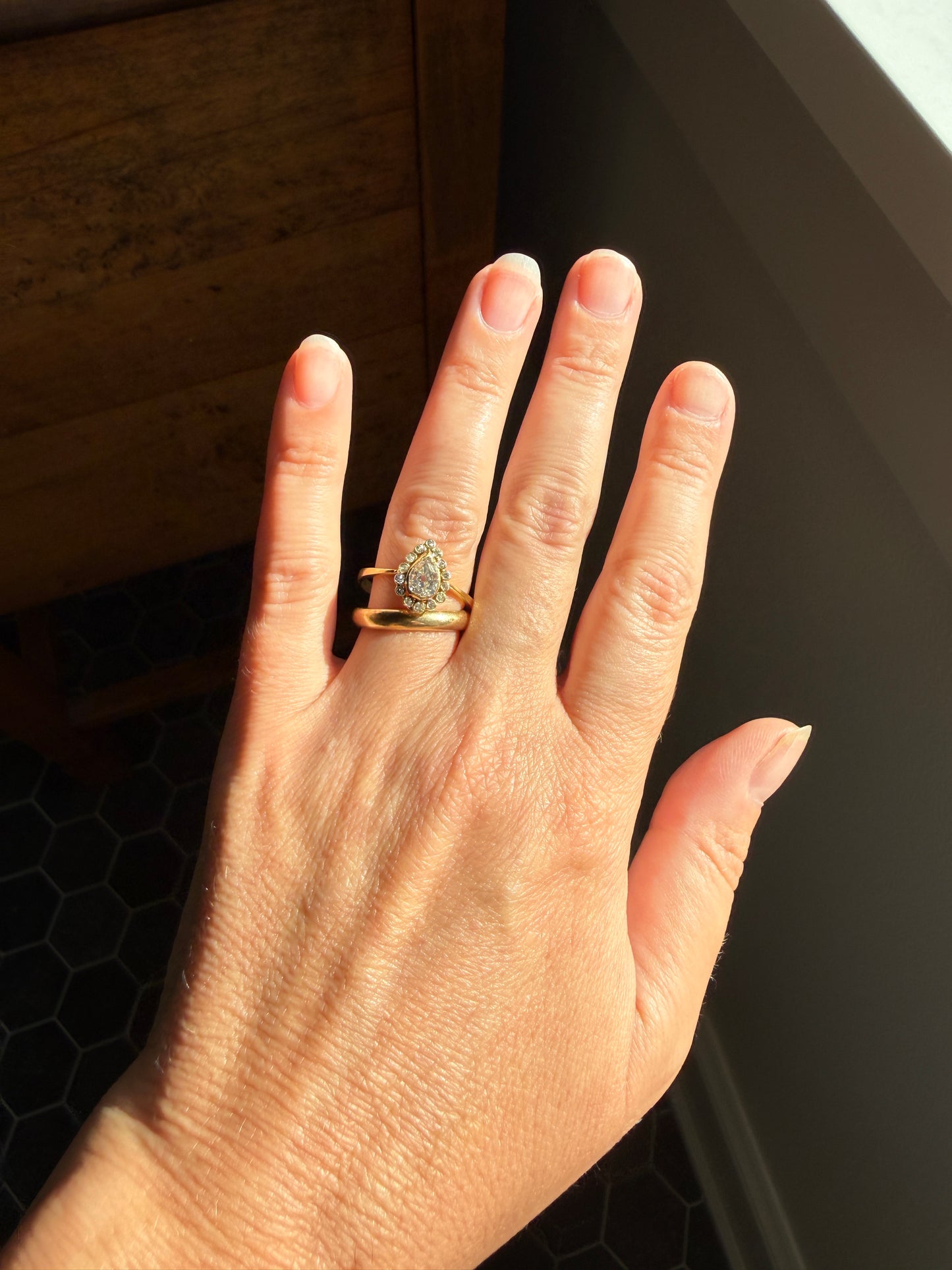 Vintage Halo Ring with Chunky .6 Carat Antique Old Mine Cut PEAR Diamond Eye Clean & Old Single Cuts Bezel Set Ring Teardrop Stacker