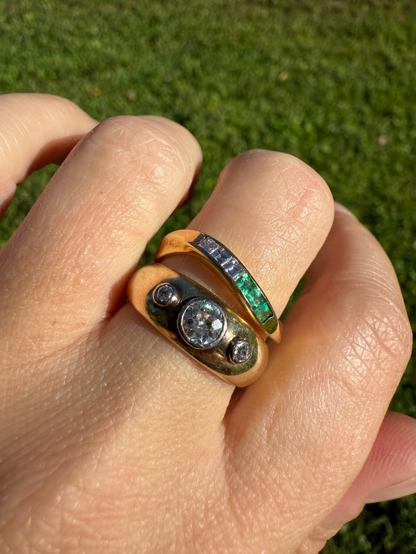 Antique Old Mine Cut DIAMOND Three Stone Chunky Ring 7.1g 14k Gold 7.1mm Wide Band Gypsy Stacker Bezel Set Man or Unisex