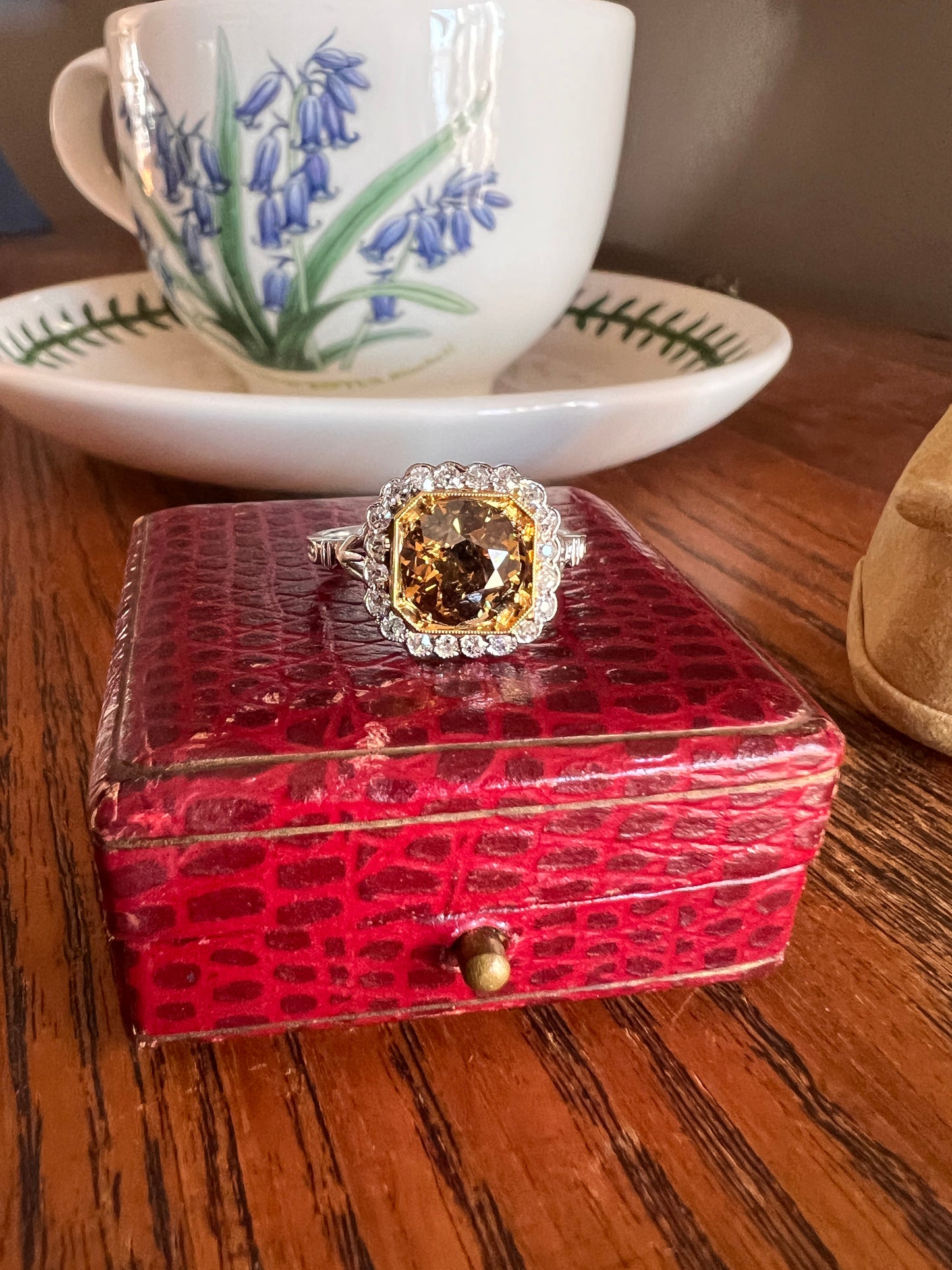 Edwardian 2.3 Carat Tdw Antique Fancy BROWN Yellow Old European Cut DIAMOND Halo Ring Platinum 18k Gold