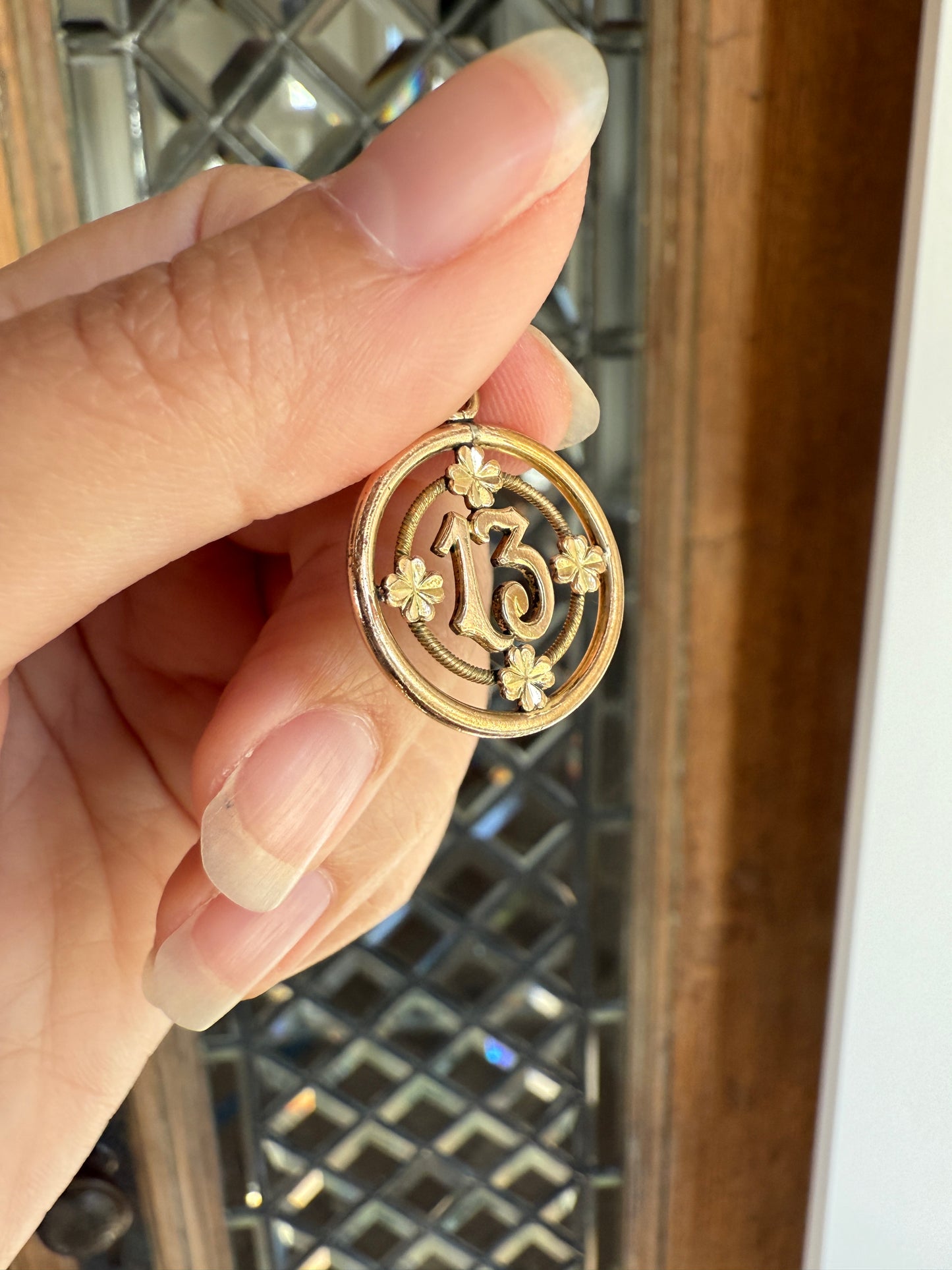 CLOVER Antique Lucky Number # 13 Pendant Tricolor Tricolor Gold Fill Halo Bullseye Belle Epoque Medal Thirteen Amulet Love Token Figural