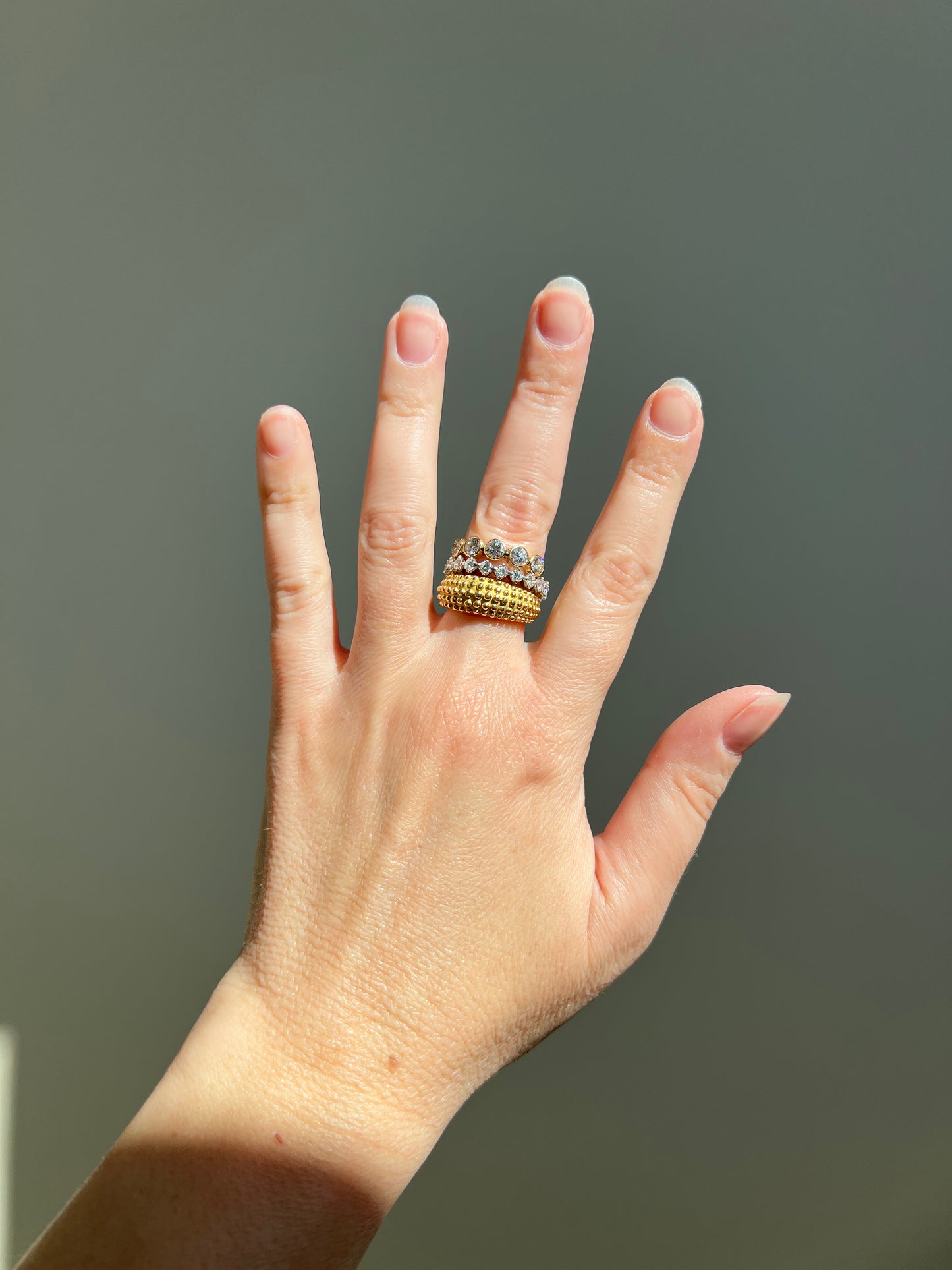 Heavy Ball Rivet Domed Band French Beaded 18k Gold Ring Satin & Shine Chunky Bombe Stacker Glowing 360 Texture Layering
