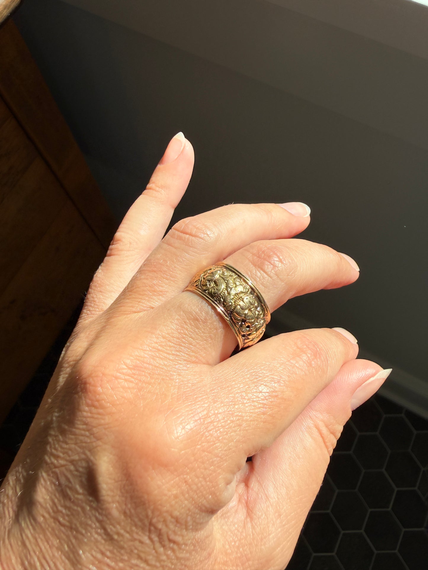 XL Antique FLORAL Embossed French Georgian Victorian Era Eternity Band 11mm Wide Ring 18k Gold Wedding Stacker Romantic Gift Flower Domed