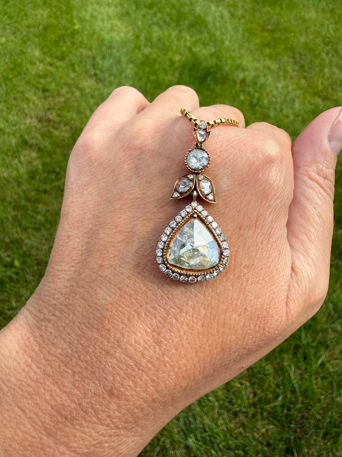 PEAR Triangular Antique XL Natural 3.5 Carats Old Dutch Rose Cut DIAMOND Pendant 14k Gold 5.4 Carats Face Up Retro Vintage 18k Venetian Chain