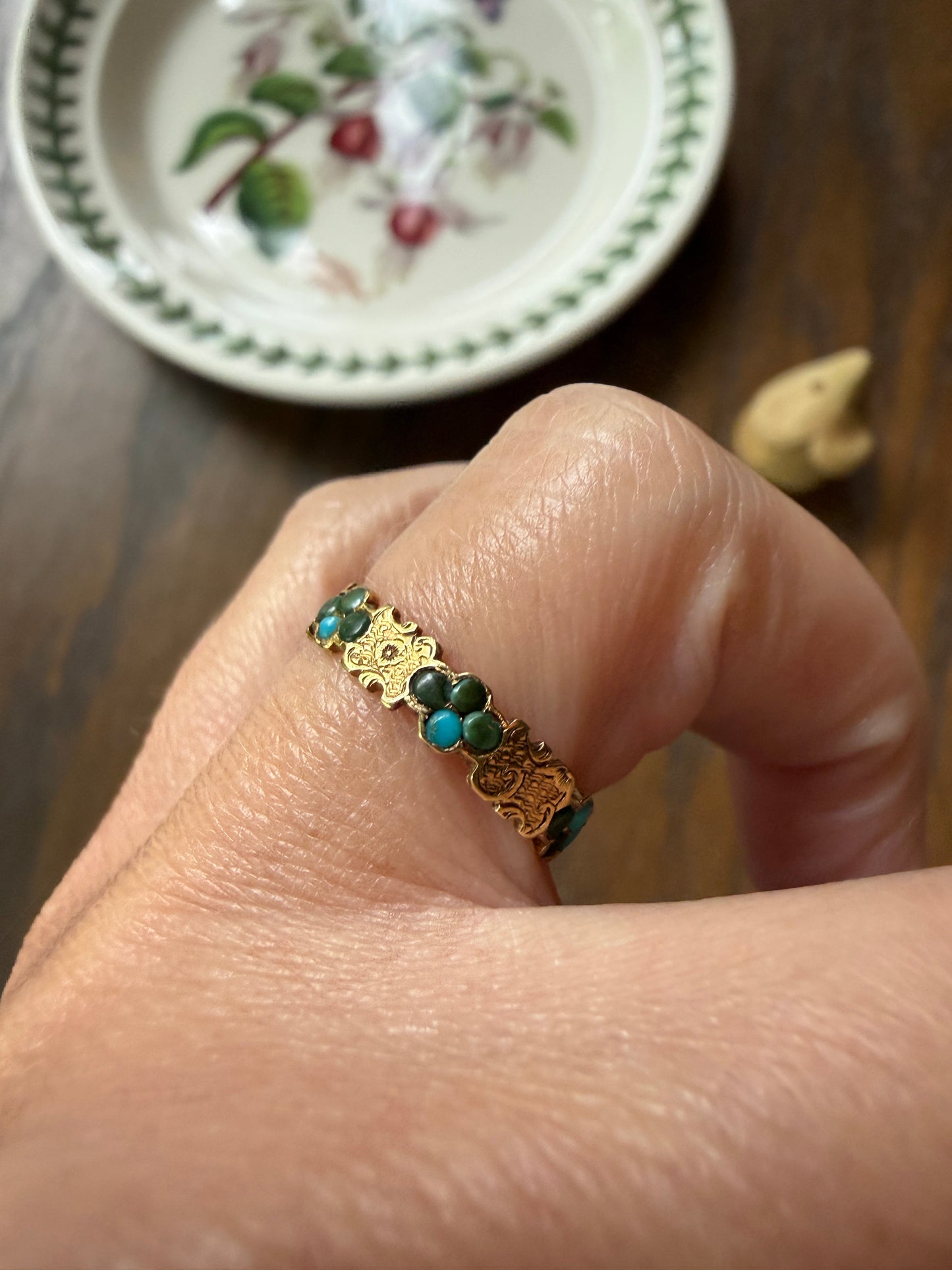 Victorian TURQUOISE Floral Shield Engraved 18k Gold Solid Wedding Band Forget Me Not Orange Blossom Swirl Panels Blue Green