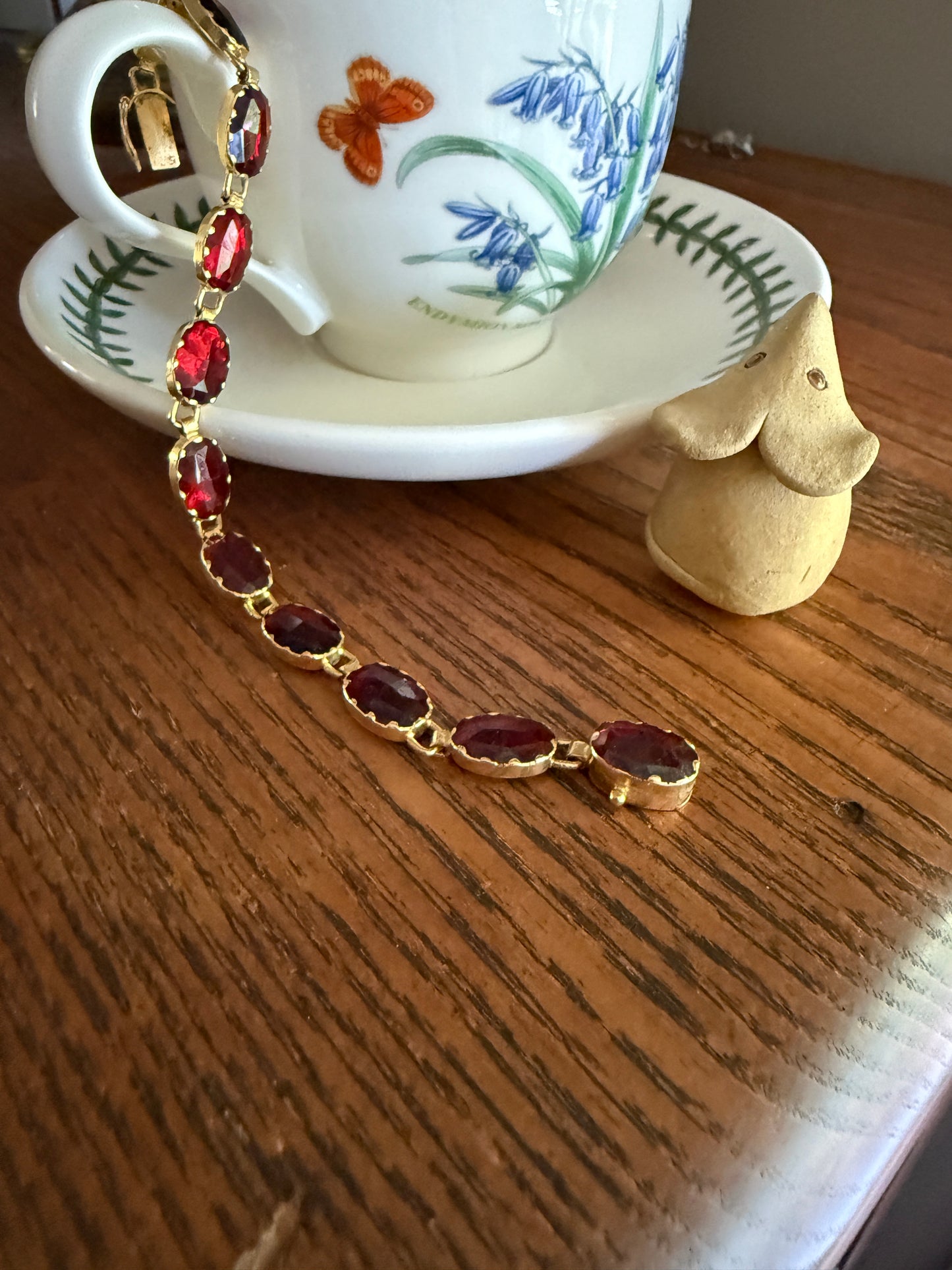 Vintage French Perpignan GARNET Riviere Eternity Bracelet 18k Gold Large Oval Bezel Set Rose Cut Closed Back Glowing Crimson Red Riviera