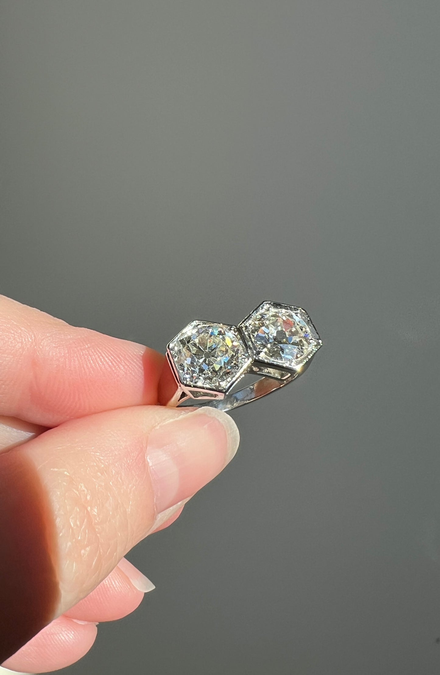 HEXAGON Toi et Moi 3.3 CARAT Eye Clean Old Mine Cut Diamond Two Stone Antique Ring PLATINUM French Geometric Engagement