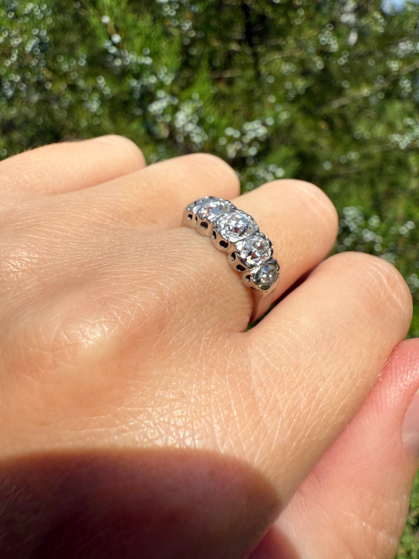 CHUNKY 1.5 Carat Five Stone Old Mine Cut Diamond Band French Antique Platinum Ring Stacker