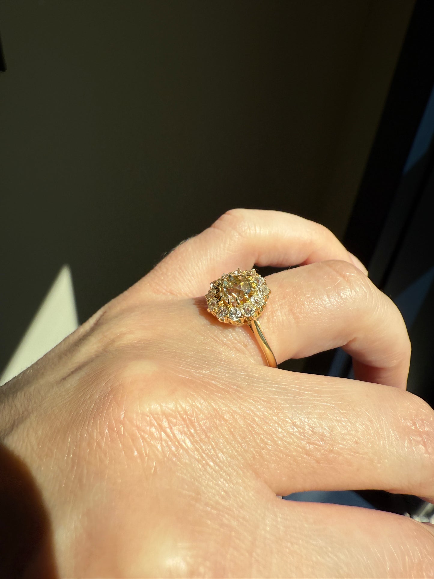 ANTIQUE Eye Clean 1.5 Carat Tdw Champagne Old Mine Cut Diamond Colorless OMC Halo Cluster Ring Victorian Two Tone 1.5Ctw Light Yellow Brown