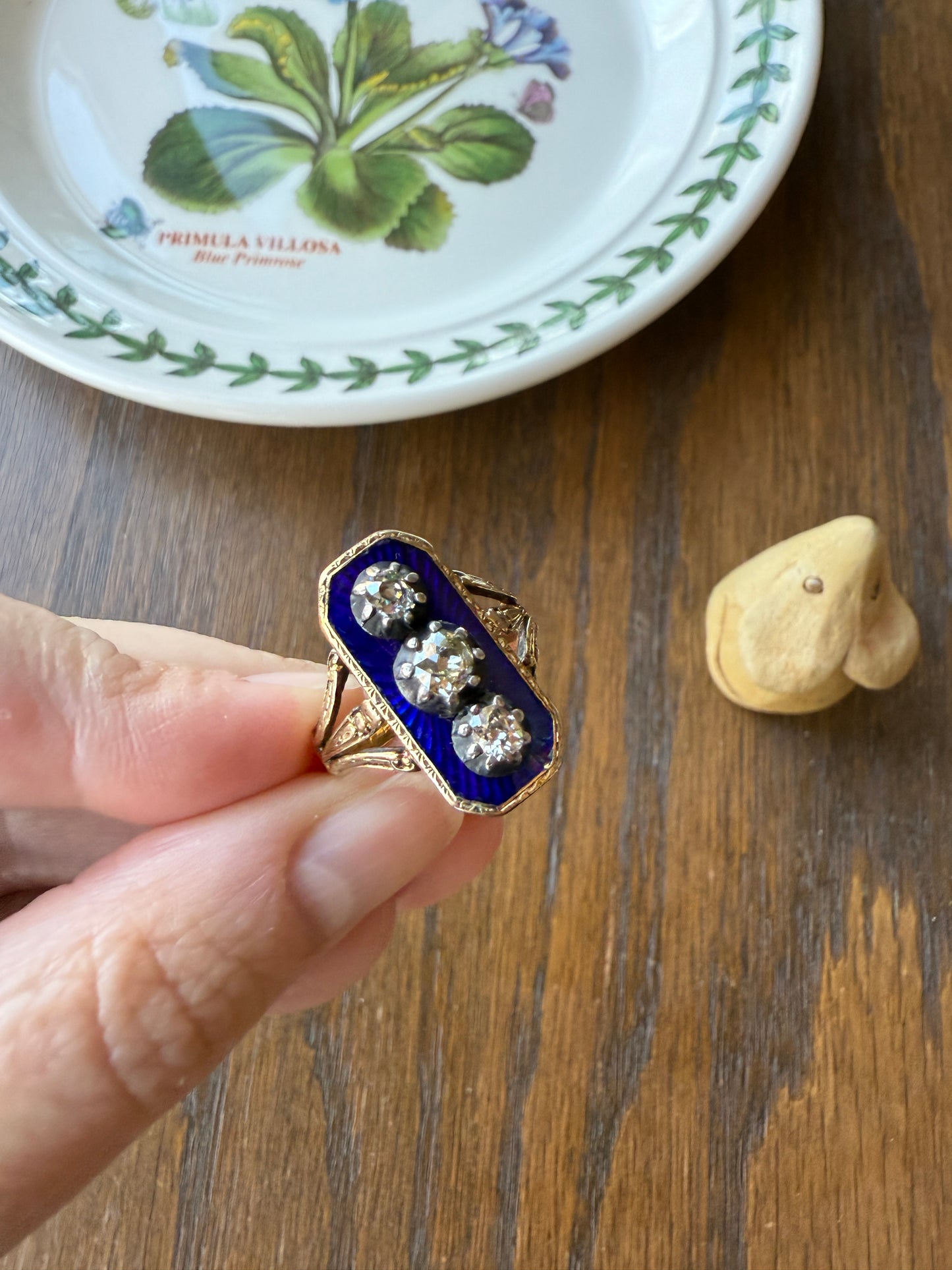 French Antique Georgian Bague Au Firmament .8 Carat Old Mine Cut Diamond Blue Enamel 18k Gold Ring of Heaven STAR Victorian