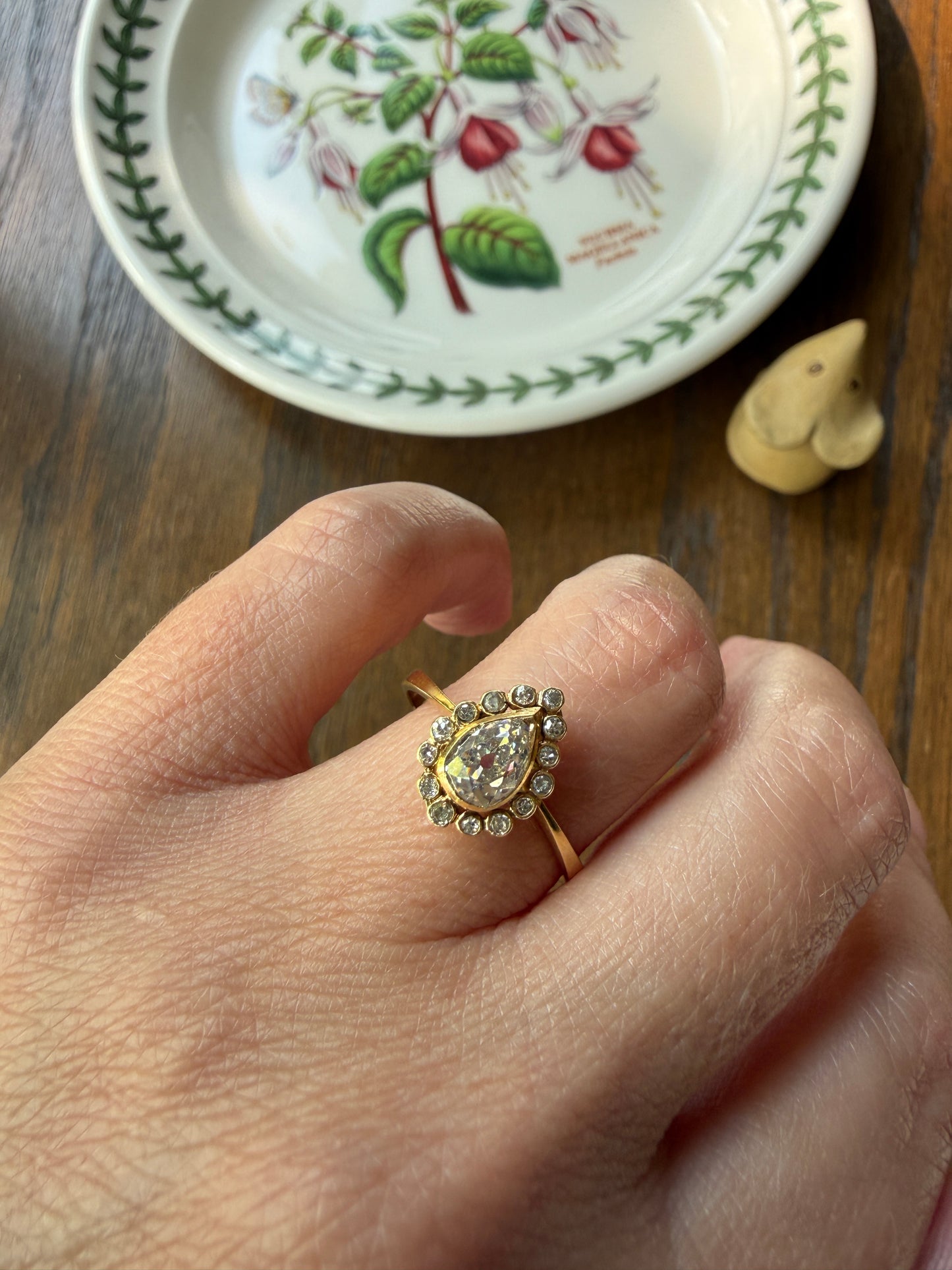 Vintage Halo Ring with Chunky .6 Carat Antique Old Mine Cut PEAR Diamond Eye Clean & Old Single Cuts Bezel Set Ring Teardrop Stacker