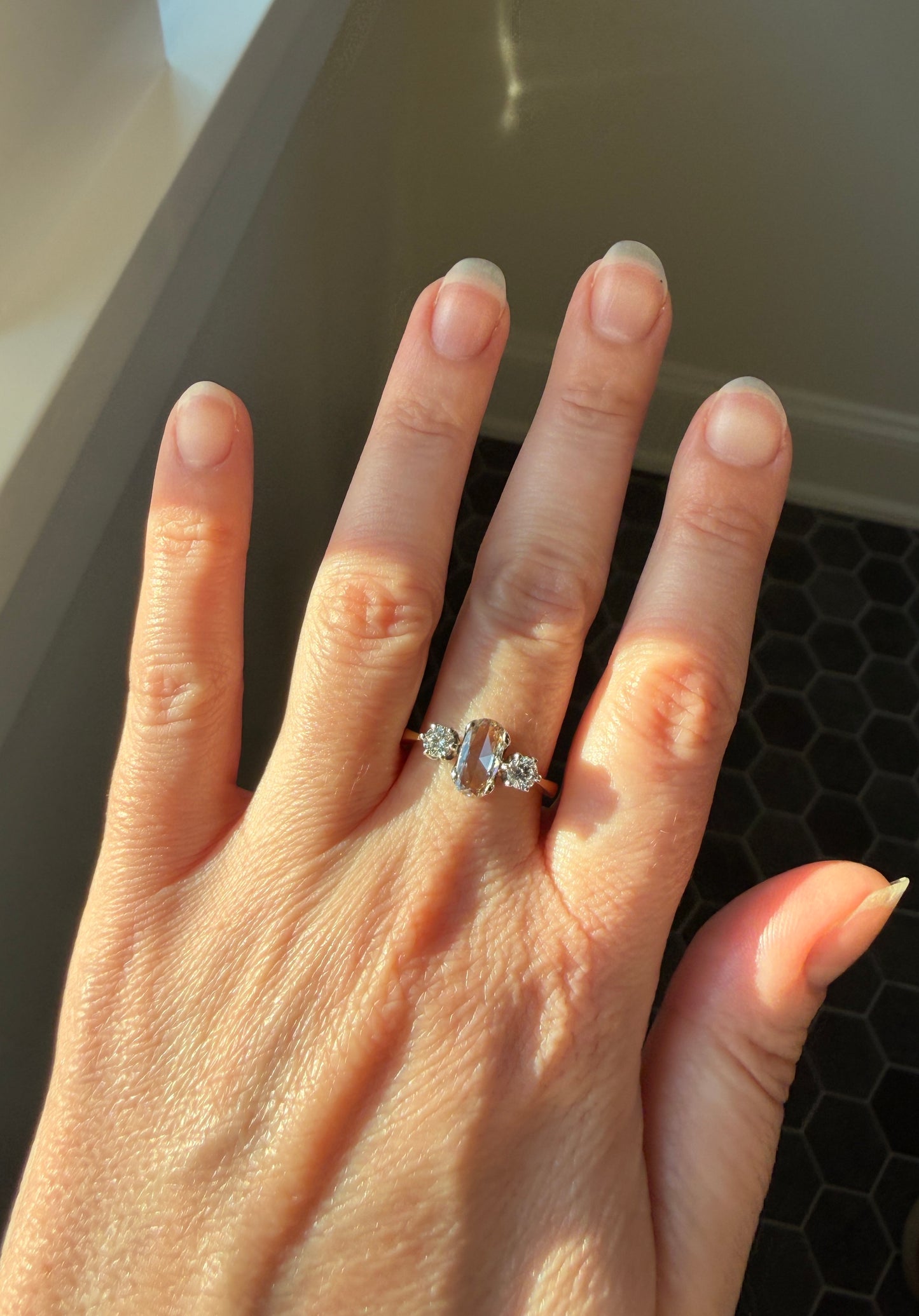 Unique Vintage Elongated Natural VS1 Portrait Rose Cut Three Stone DIAMOND Ring 18k Gold Solid Cushion Oval Stacker Band