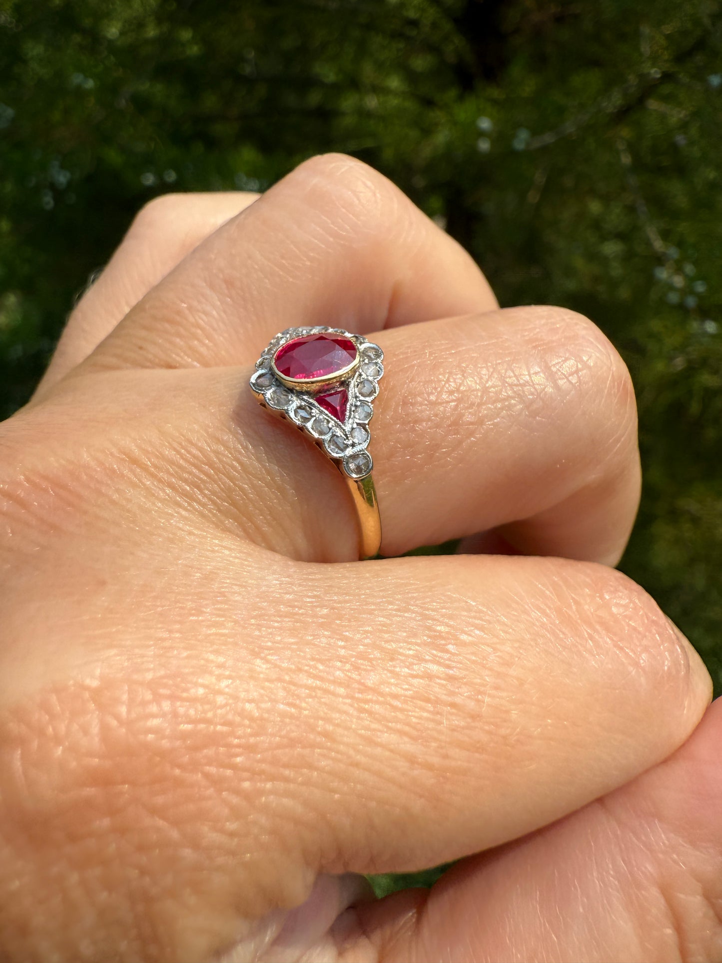 Antique Pink RUBY Rose Cut DIAMOND Garland Halo East West Ring French 18k Gold Stacker Belle Epoque Triangular Trillion